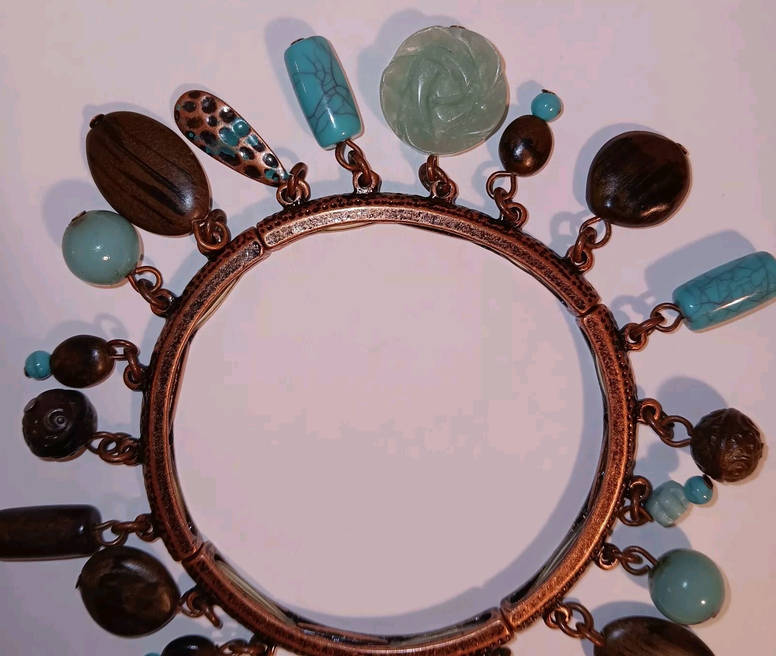 VTG Strechable Bracelet Gold Tone W/wood And Turquois Beads 1960s Dangling
