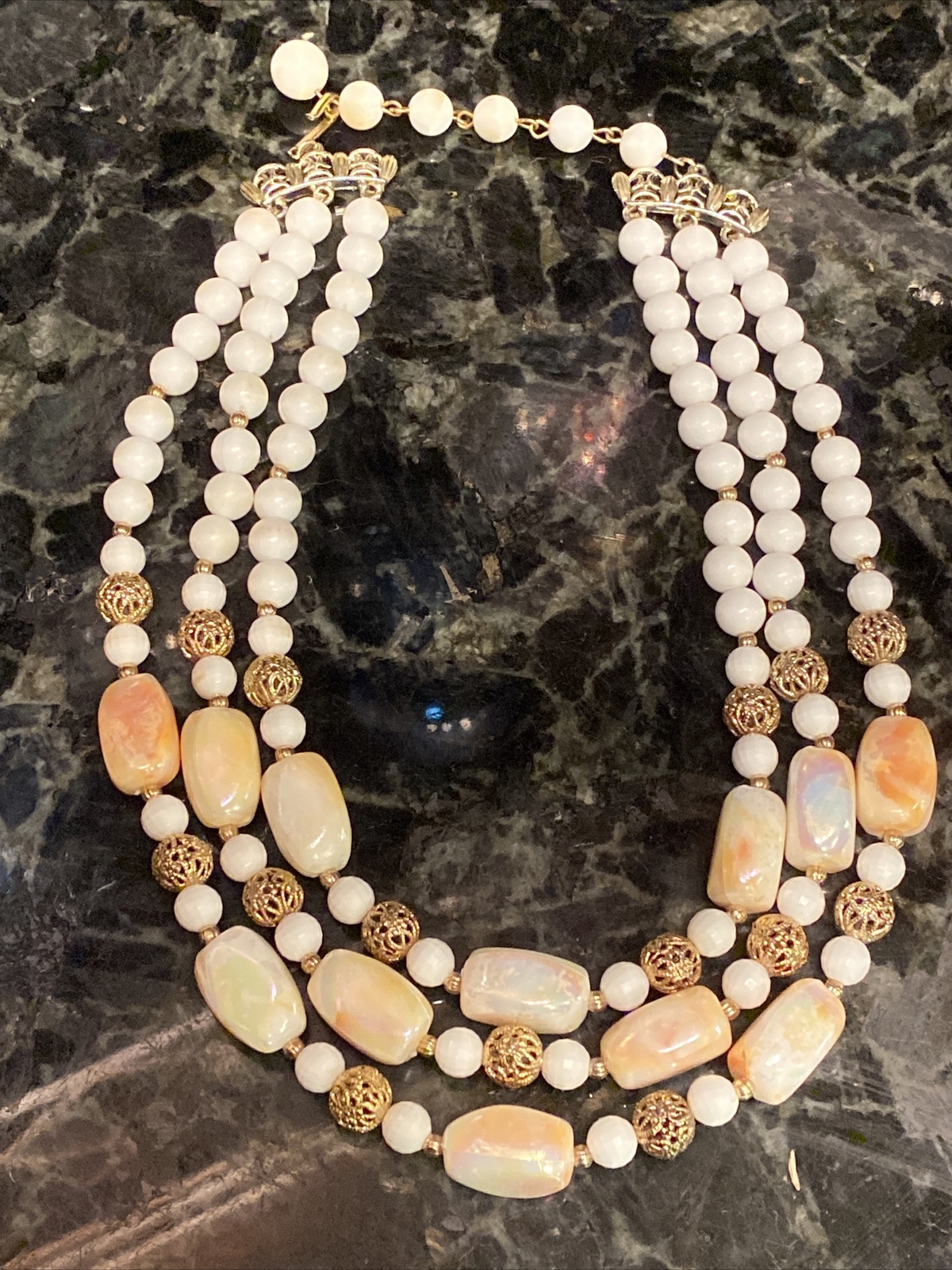 VNTG Signed CORO Triple-Strand OPALESCENT Enamel Beads Filigree Necklace Choker