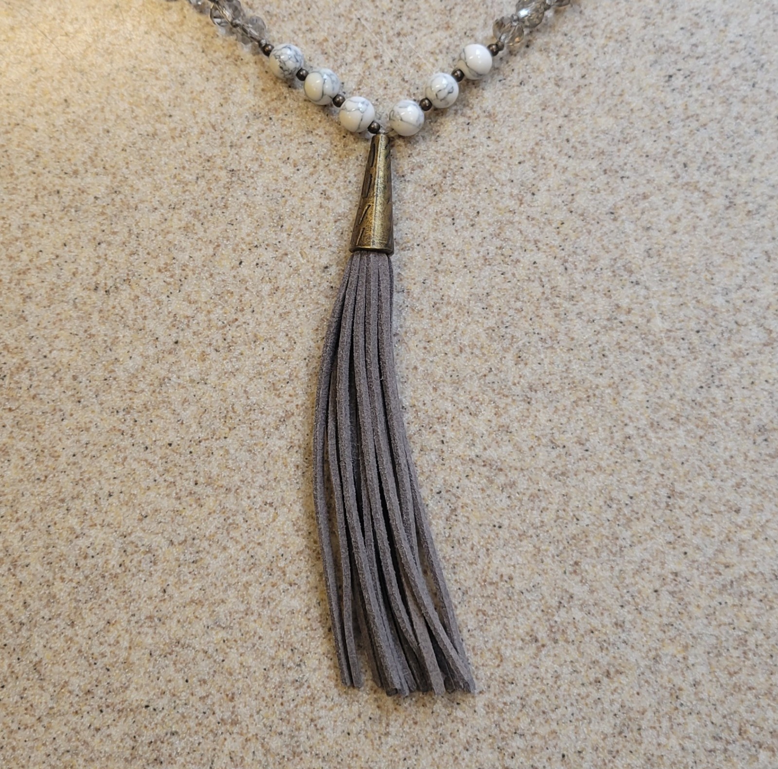 Gray Leather Tassels And Brass Pendant On Braided Beaded 32in Cord Necklace