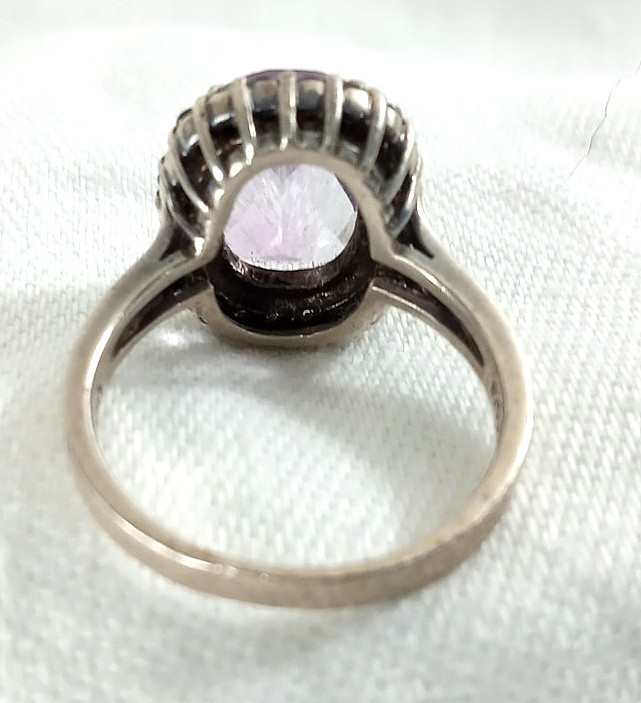 Vintage 925 Sterling Silver RING Cushion Faceted Amethyst Stone CZ Halo 9.5 – 10
