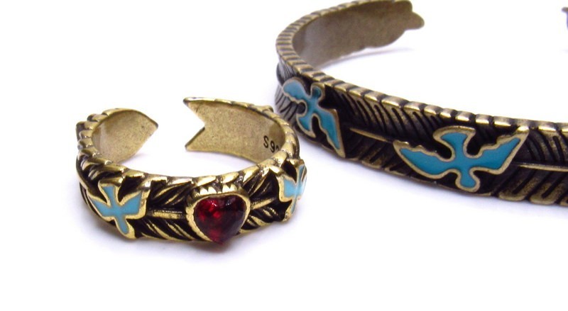 Garnet Silver Enamel Ring Bracelet SET Birds Hearts