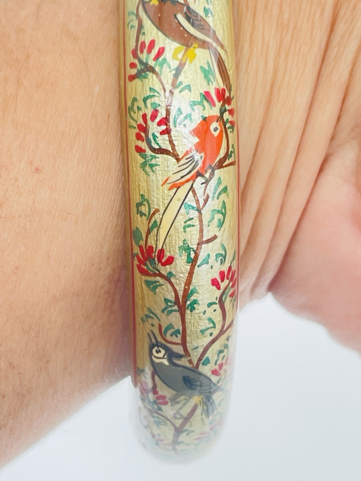Vintage Tropical Parrot Bird Bangle Bracelet Hand Painted Gold Statement
