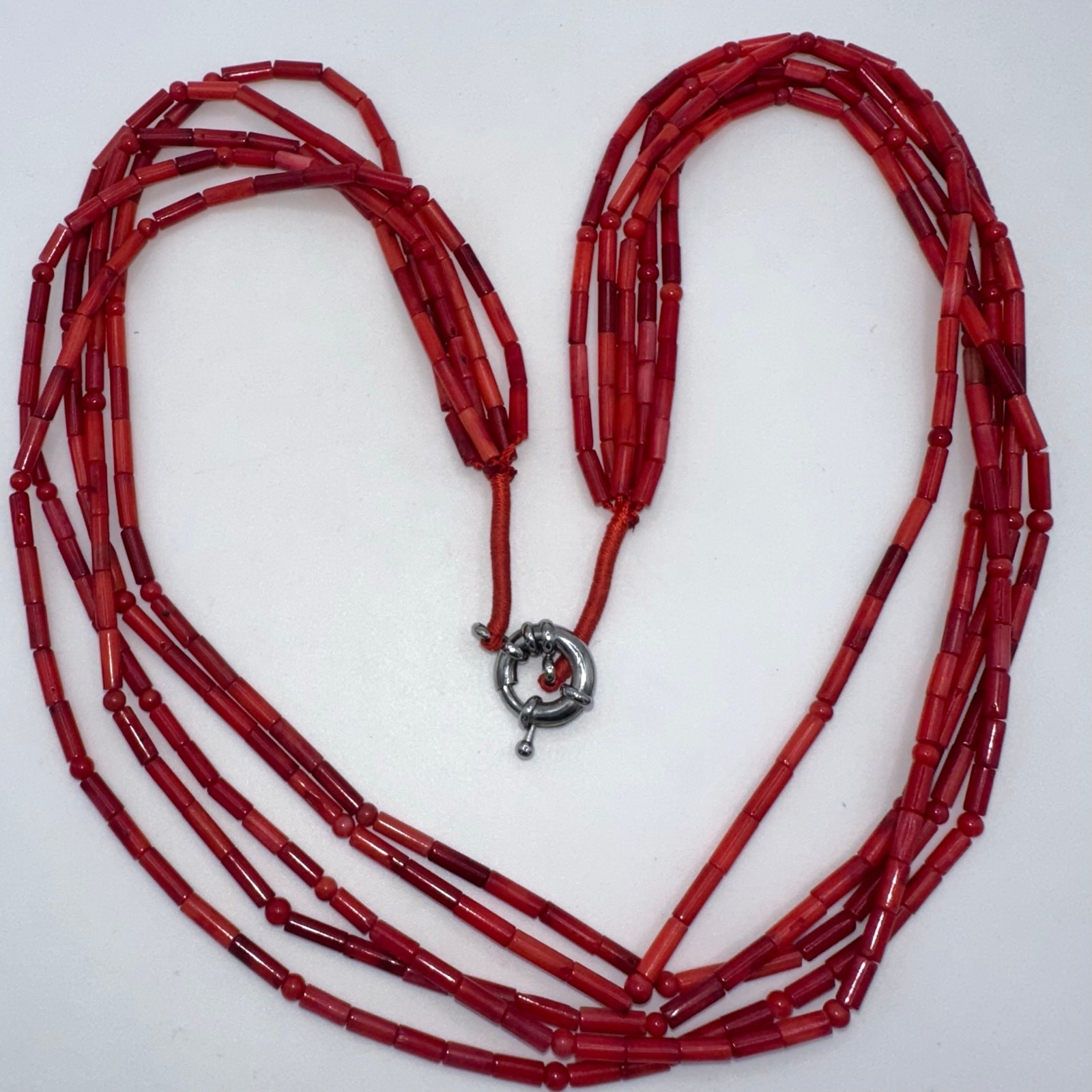Vintage handmade 5 multi strand genuine red coral branch beads beaded necklace
