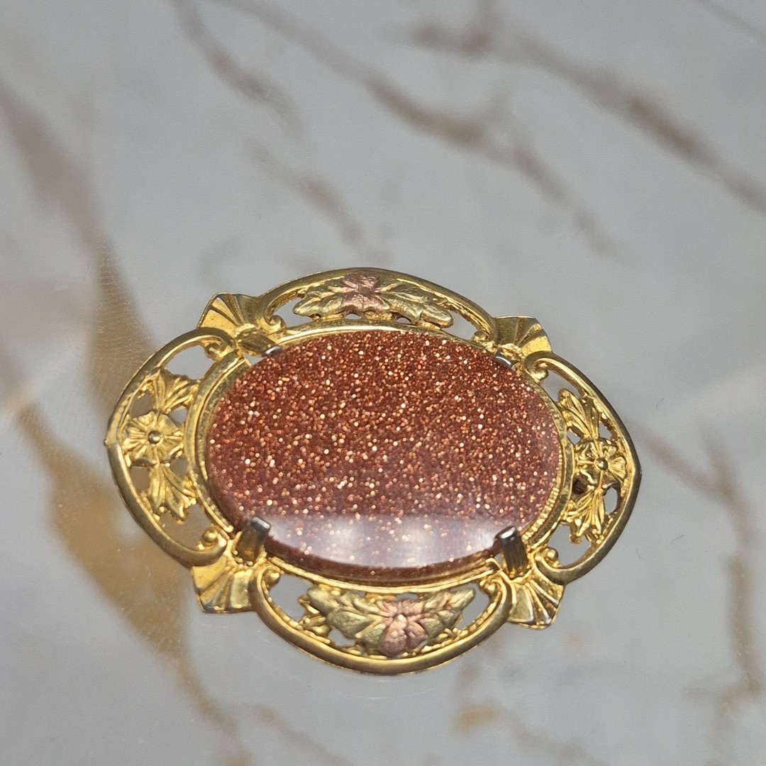 Vintage Unmarked Tri Gold Filled GF Orange Goldstone Flower Brooch Pin