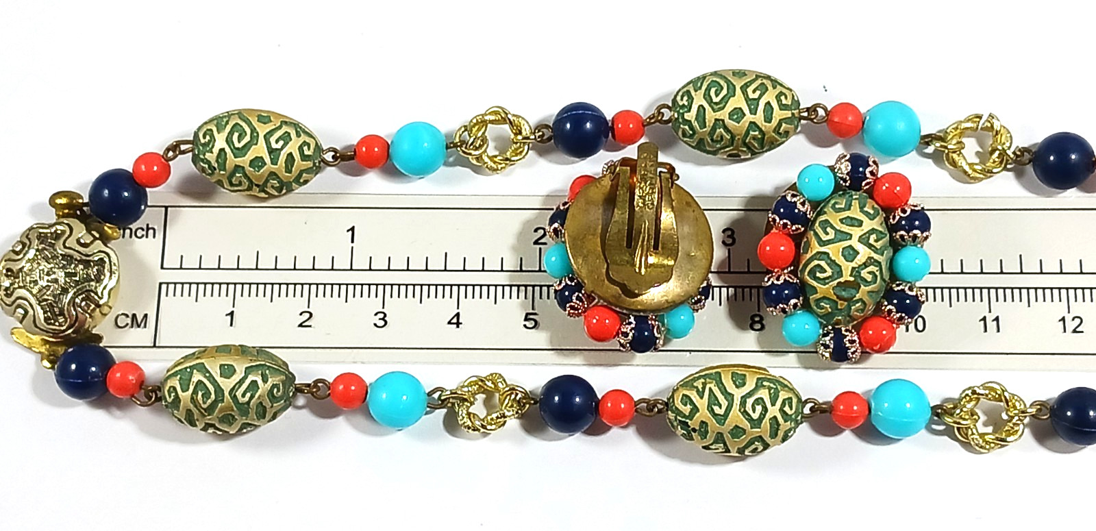West Germany Plastic Beaded Necklace and Clip On Earrings Set