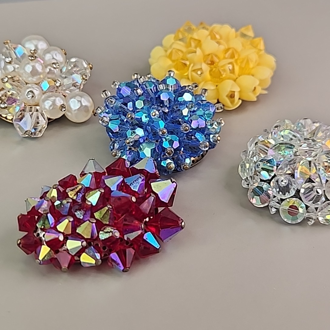 Vintage Cluster Brooch Lot of 5 AB Glass Blue Red Yellow Plastic