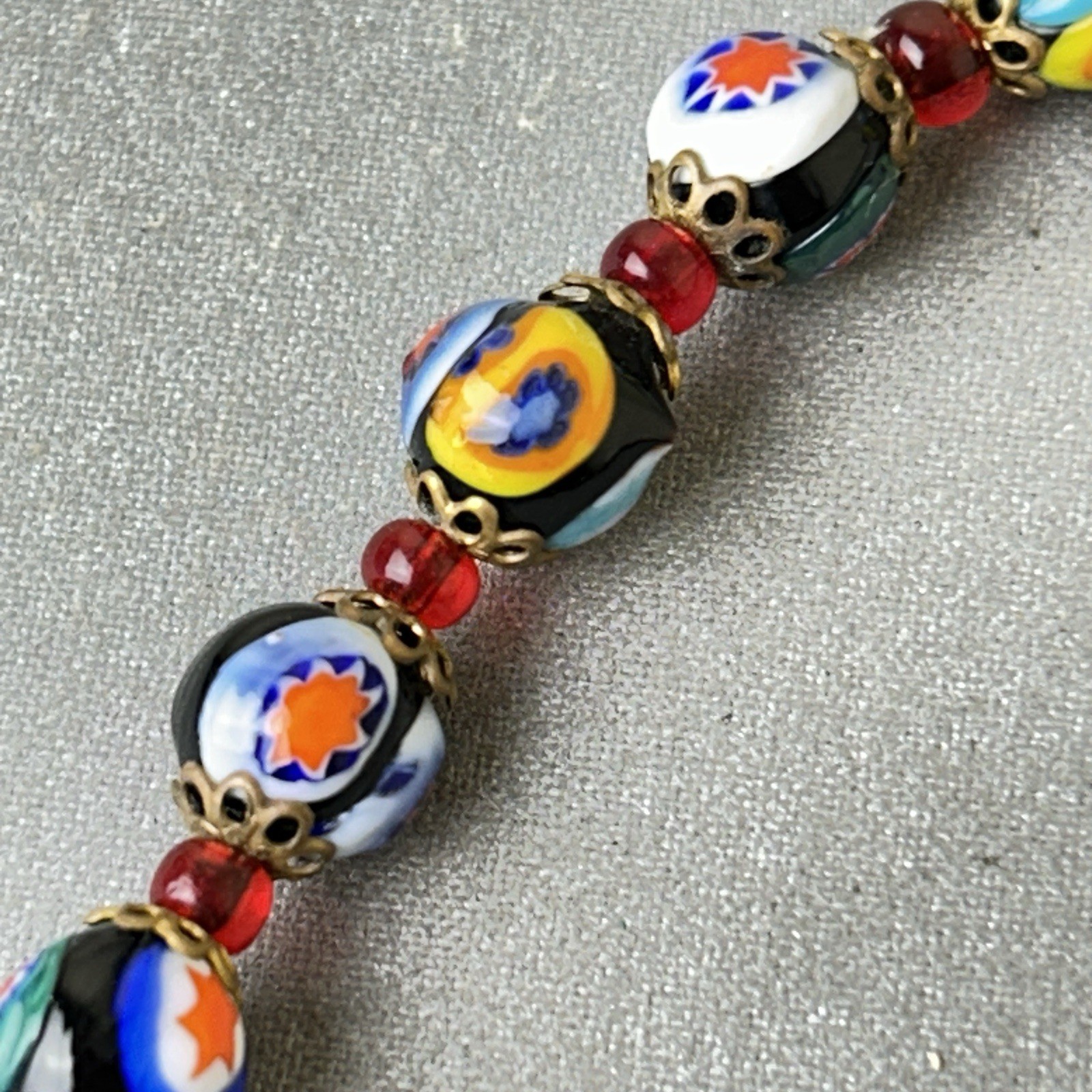 Millefiori Murano Venetian Glass Bead Necklace Italy Barrel 9 mm 17.5″ Long VTG