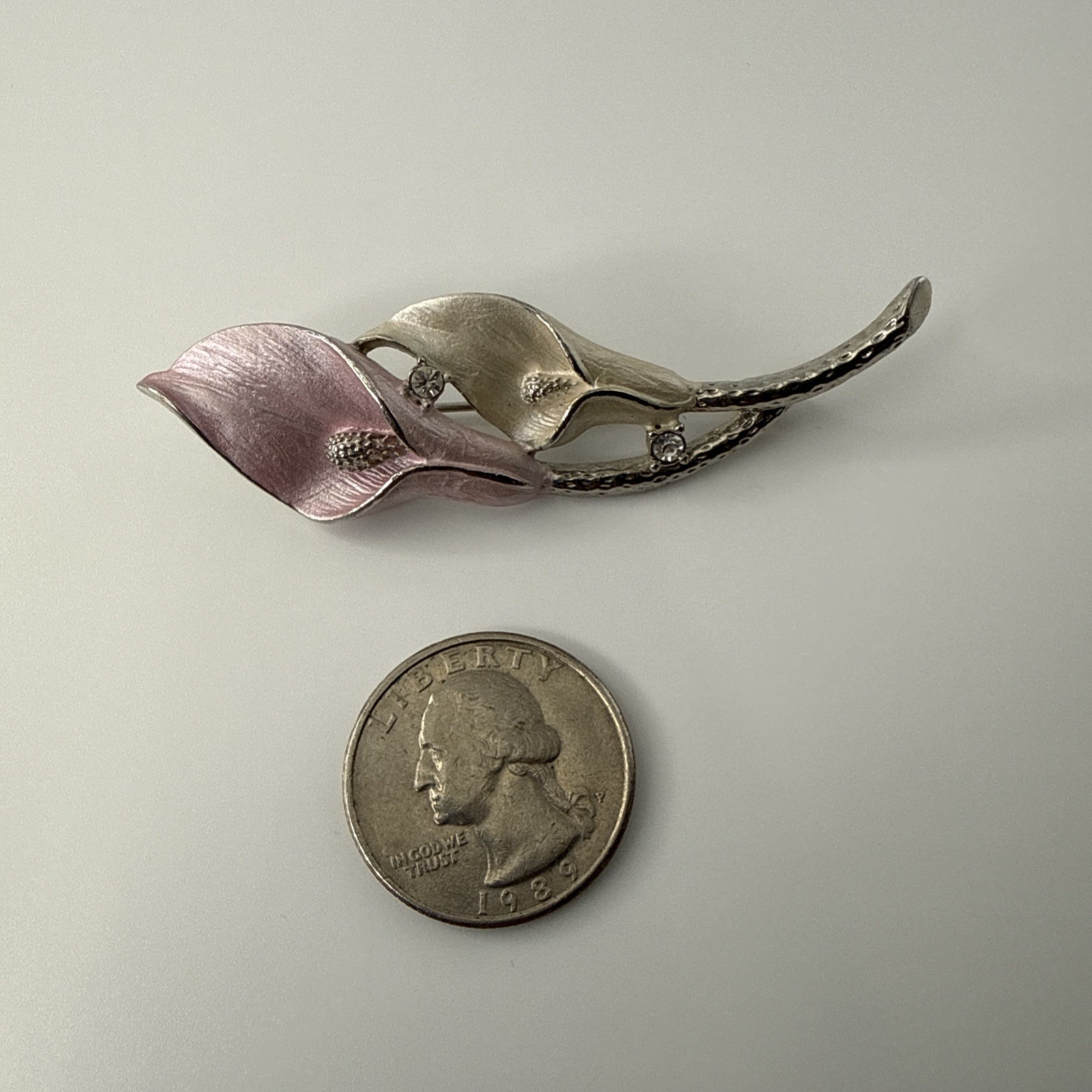 Calla Lilly Flower Brooch Silver Tone With Pink & White Enamel Premier Designs