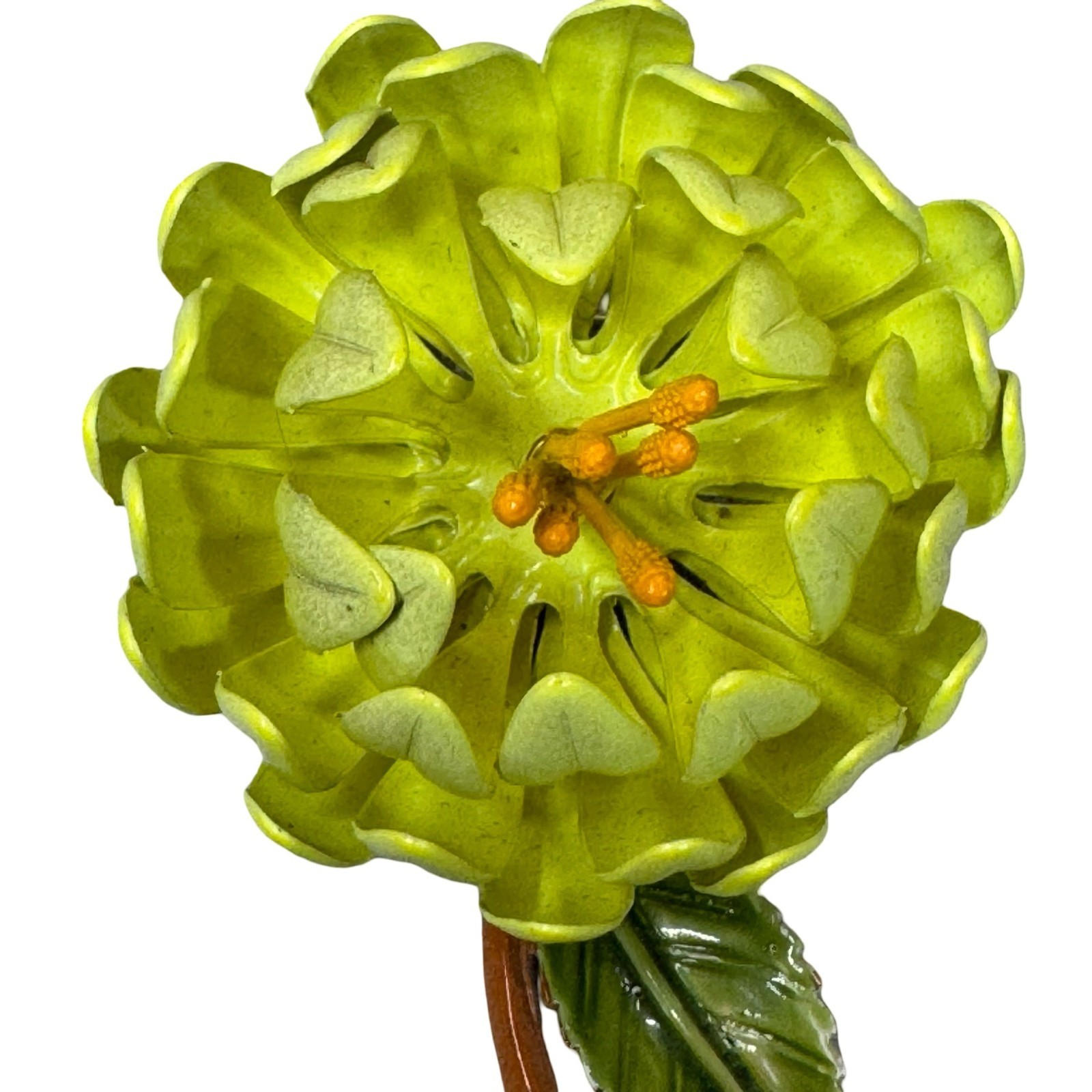 Vintage Yellow Lime Green Chrysanthemum Flower Brooch 3″ Enamel Floral Pin
