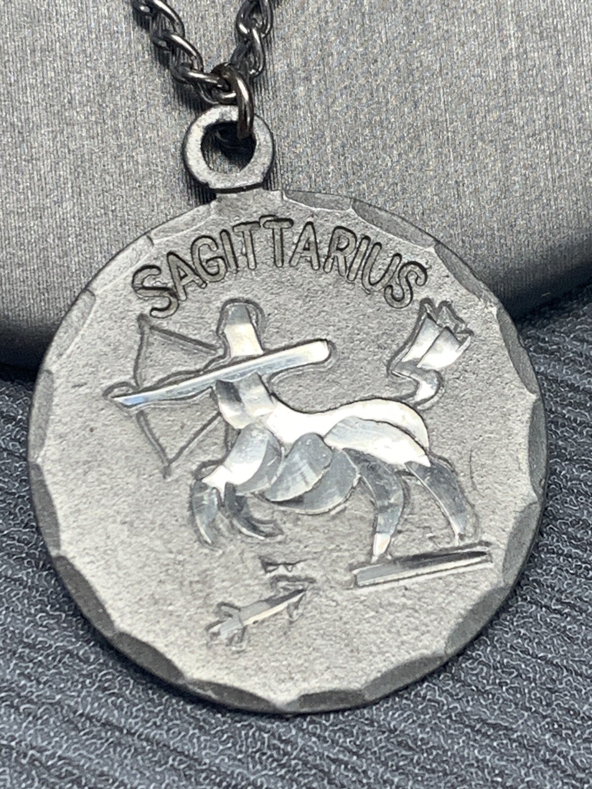 Vintage Pewter BDA Zodiac astrology Sagittarius Engraved Pendant Necklace 18”