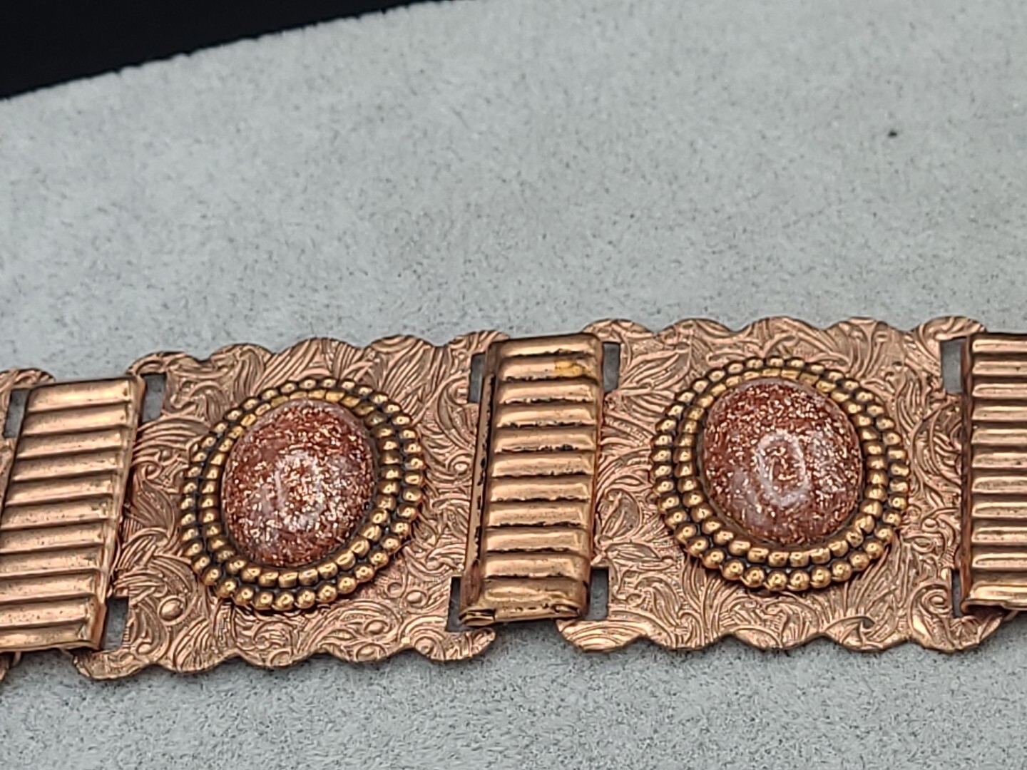 Stunning Vintage Copper & GoldStone Bracelet 7 3/4″ & Earrings Ornate Metalwork