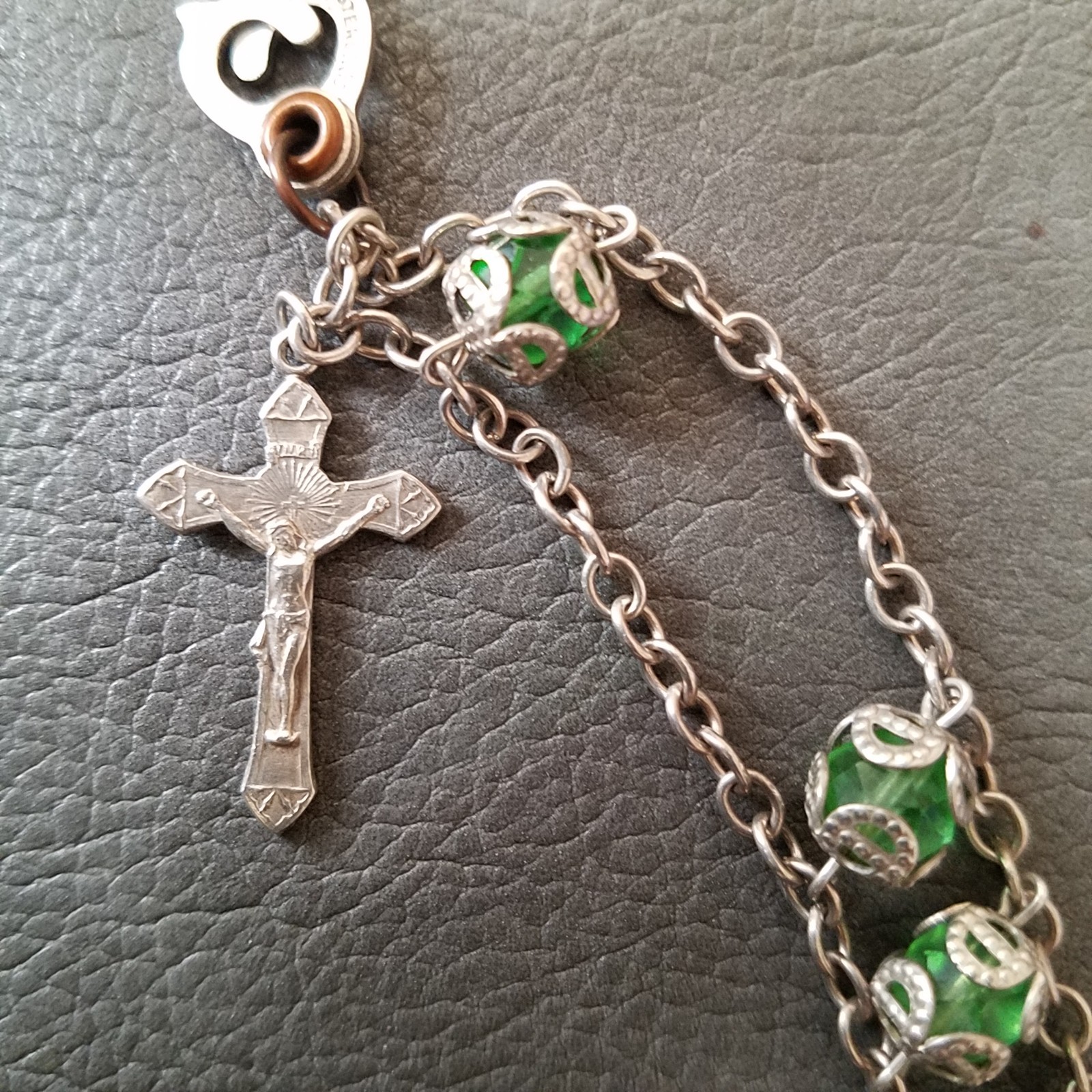 Vintage Sterling Chain Capped Green Bead Rosary Bracelet