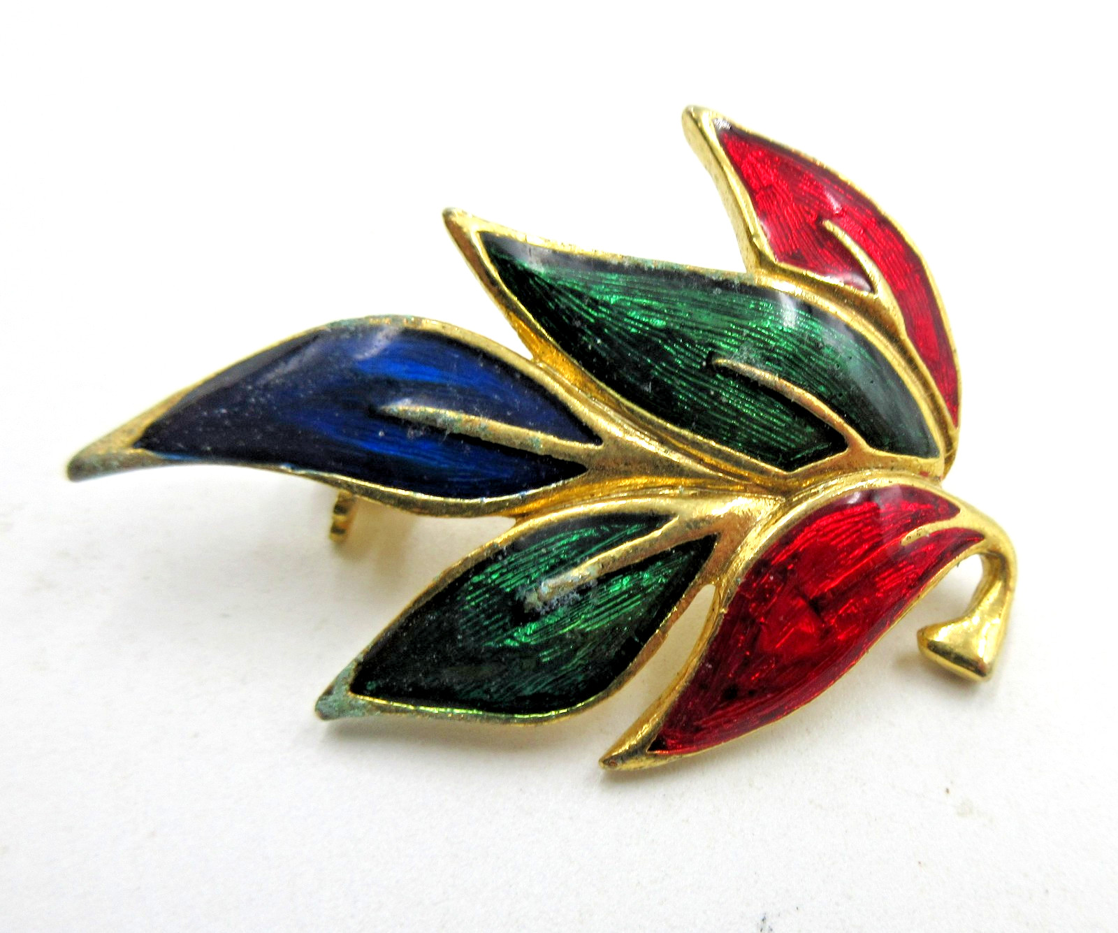 VTG 1.5″ ENAMEL LEAF Brooch Pin blue green red gold tone metal costume jewelry