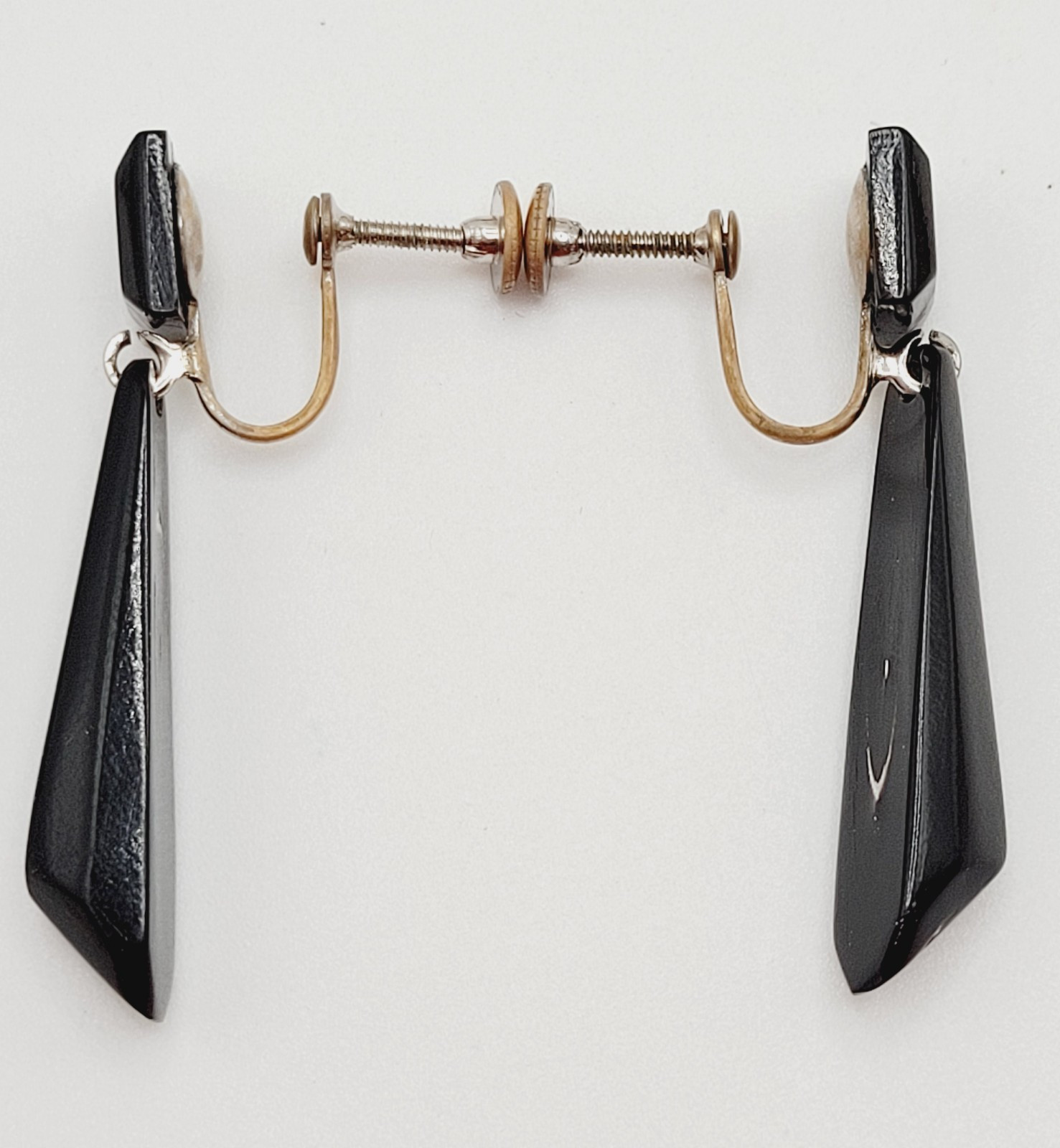 Hawaiian Natural Black Coral Vintage Screw Back Art Deco Style Dangle Earrings