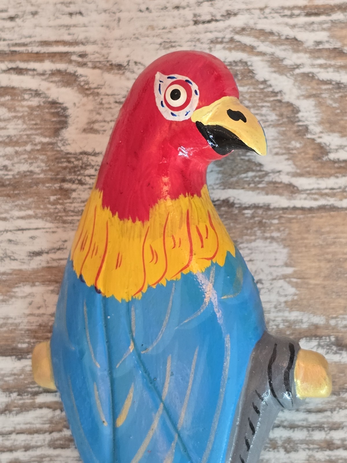 Vintage Hand Painted Wooden Parrot Brooch Colorful Tropical Bird Statement Pin