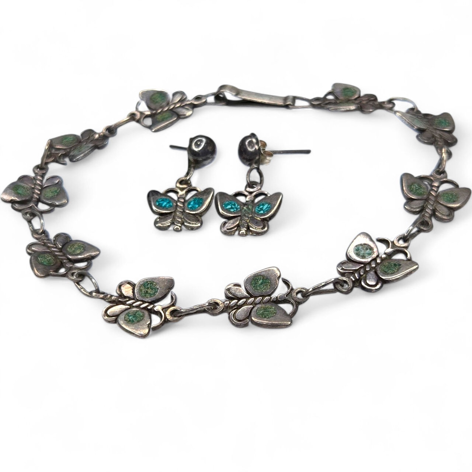 Vintage Mexico Sterling Silver Turquoise Chip Inlay Butterfly Bracelet Earrings