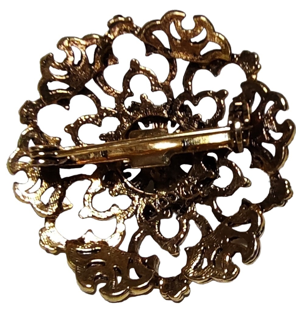 Tacoa Brooch Pin Faux Pearl Floral Filigree Gold Tone Raised Relief Vintage