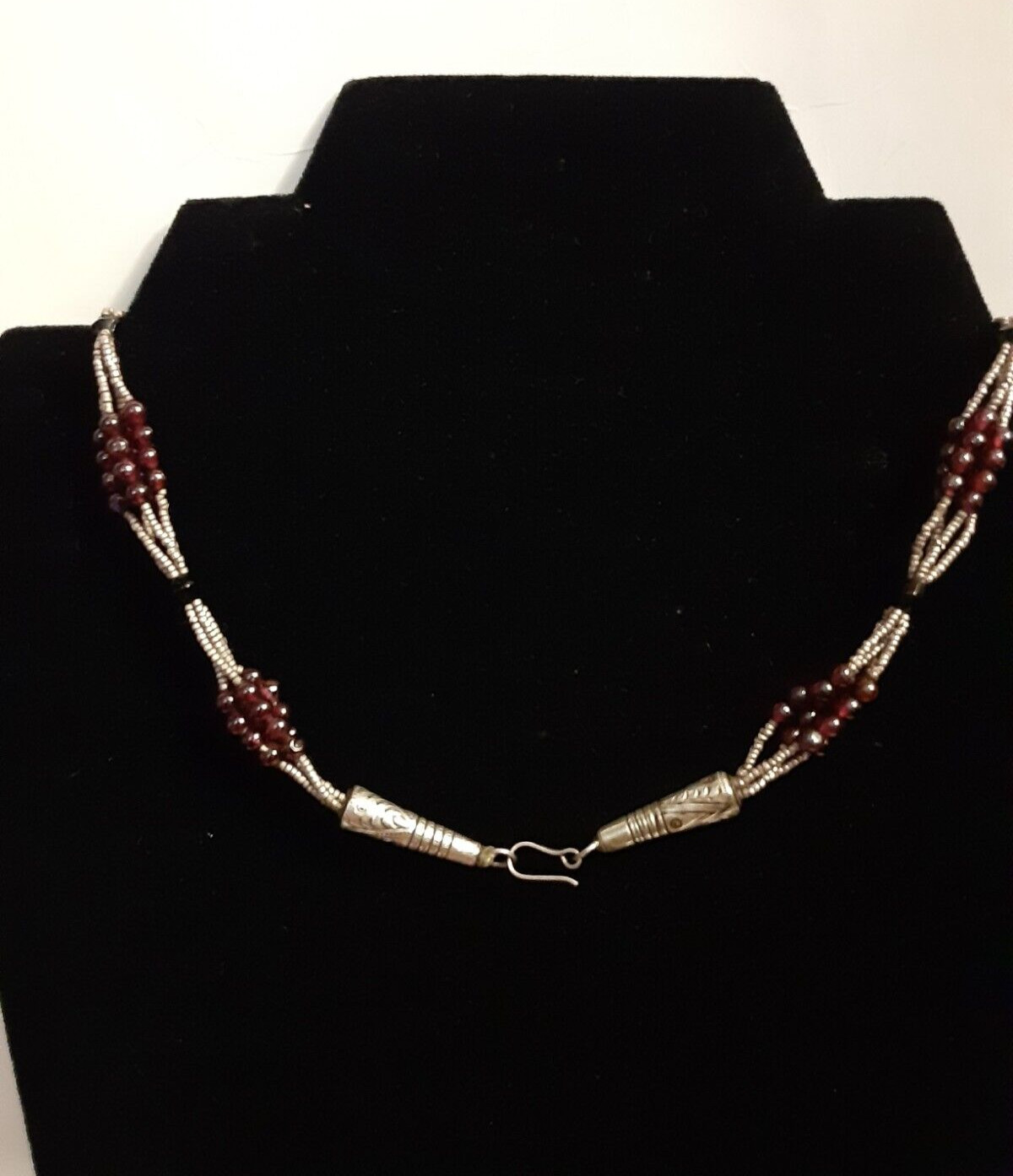 Vtg Artisan GARNET GLASS & Micro beaded Silver Hook Clasp Necklace