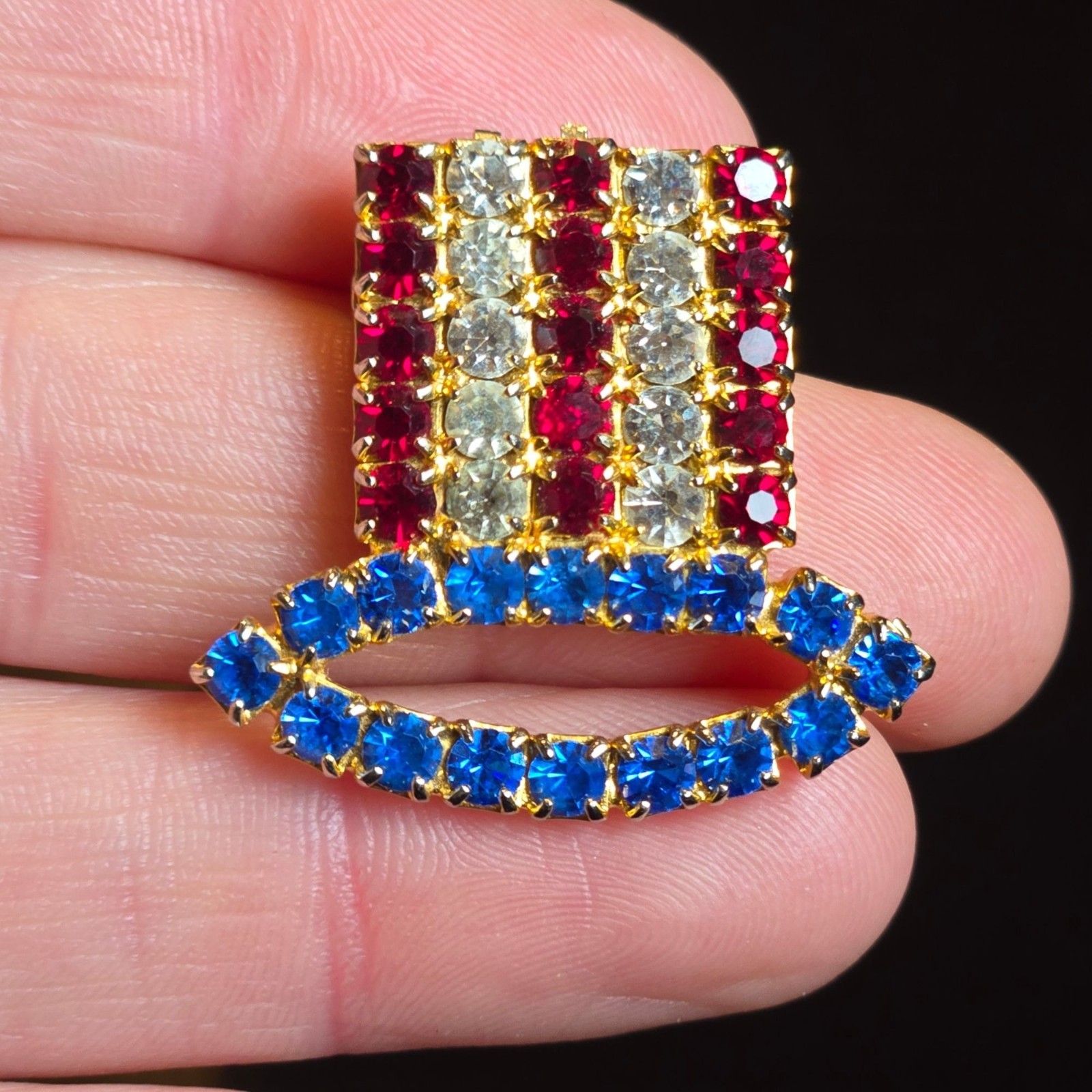 VTG Uncle Sam Hat Patriotic Brooch Red White Blue Glass Rhinestones Jewelry USA