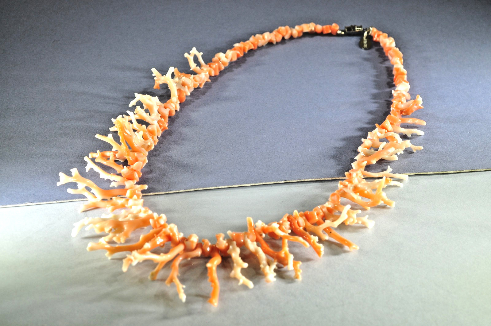 Coral Necklace White & Salmon Graduated Branch Coral 21 Inches Signed