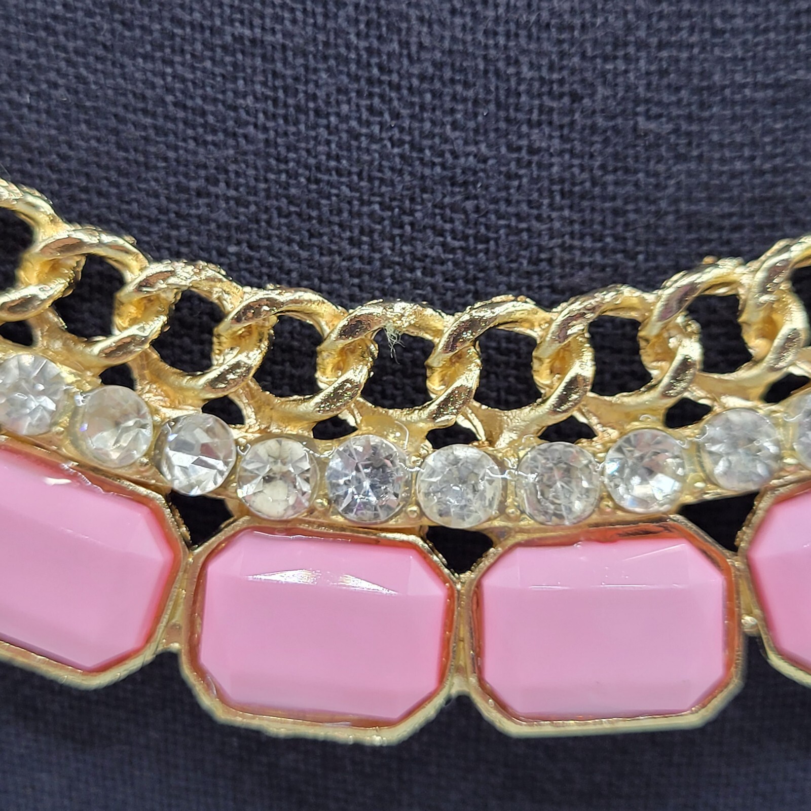 Fancy Rhinestone & Pink Acrylic with Milkglass Style Vintage Gold Tone Necklace