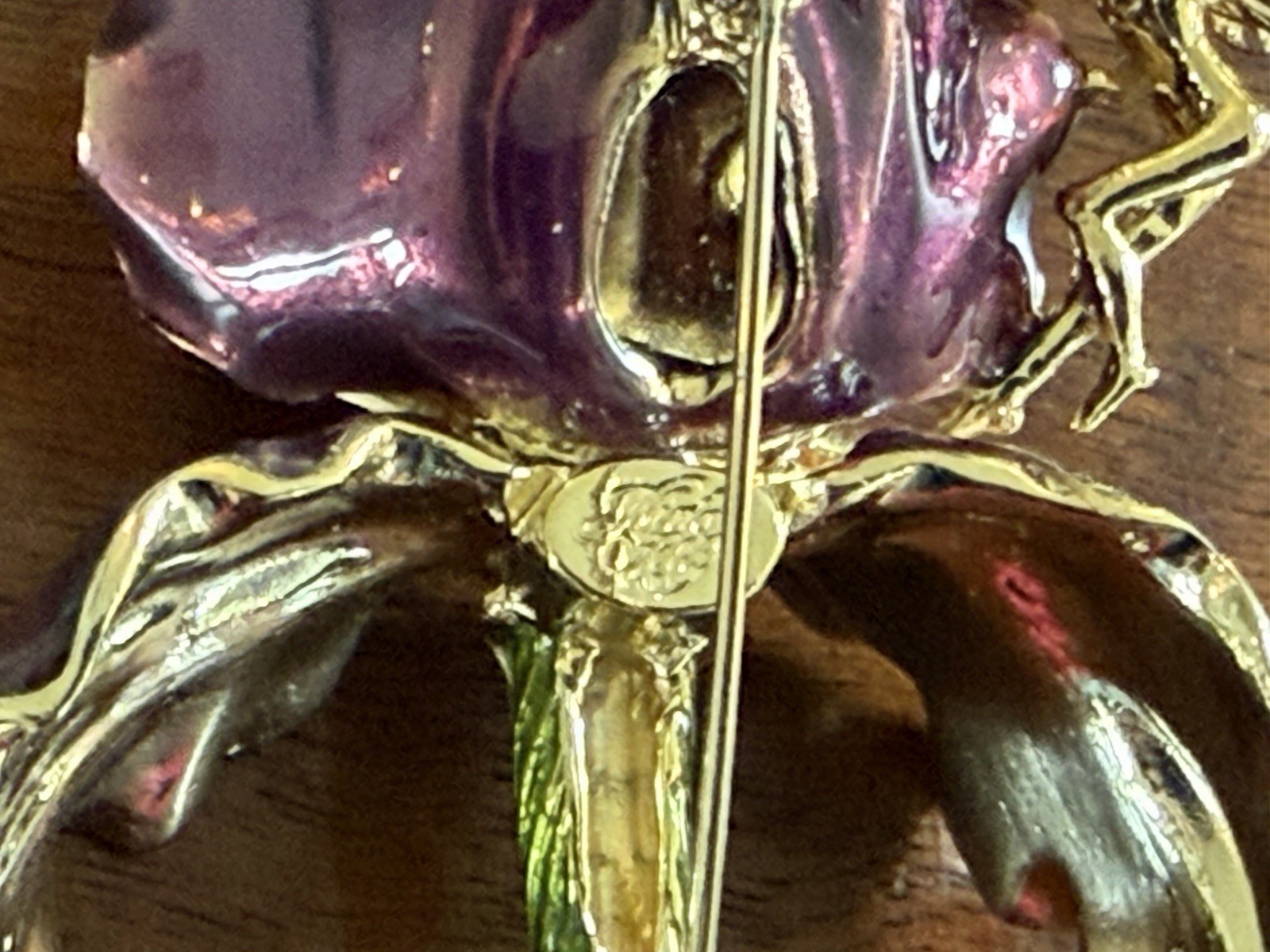 Vintage Large Kirks Folly Purple Enamel Orchid Brooch With Golden Fairy Signed