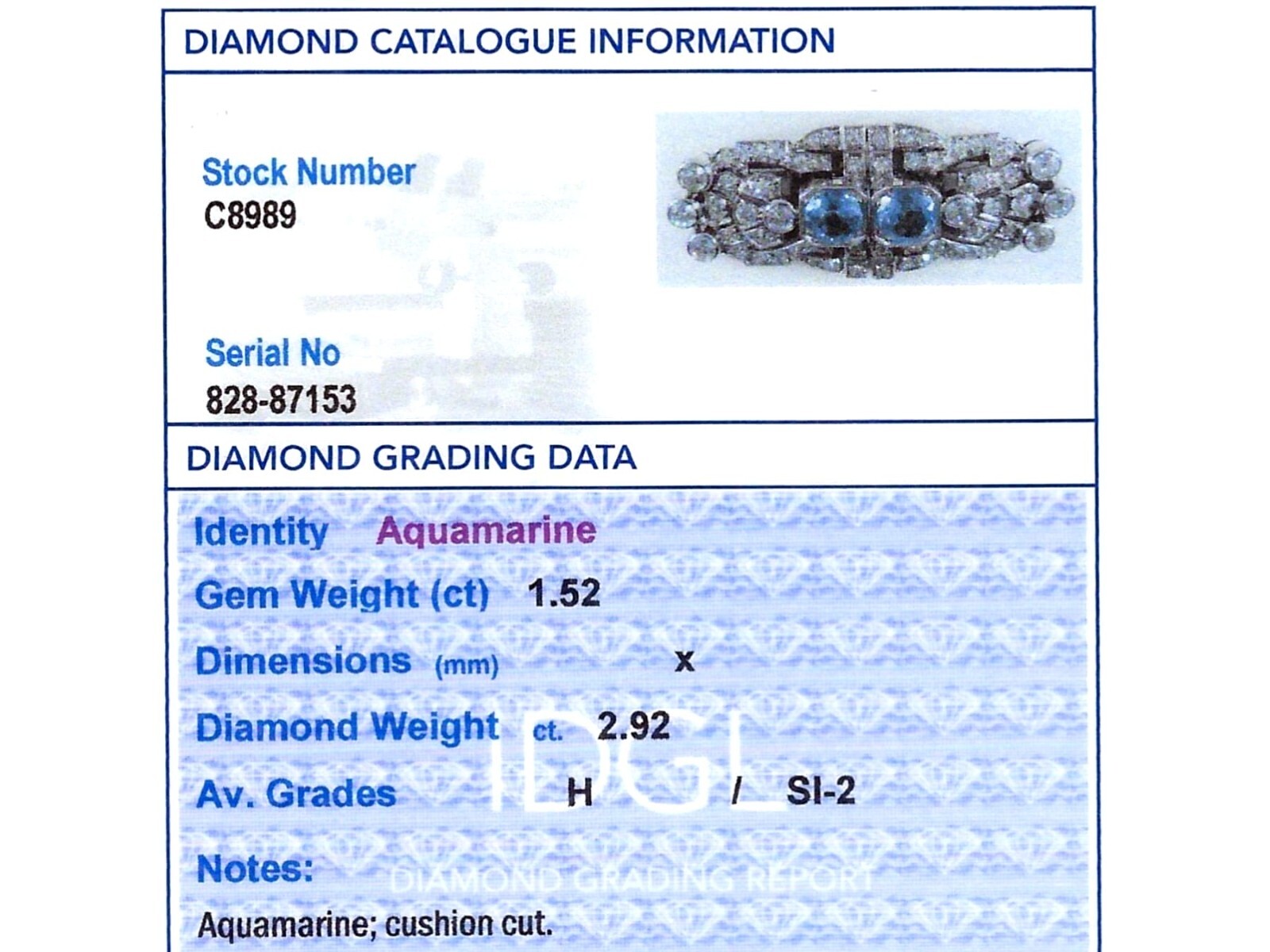 1.52Ct Aquamarine and 2.92Ct Diamond, 18k White Gold Double Clip Brooch