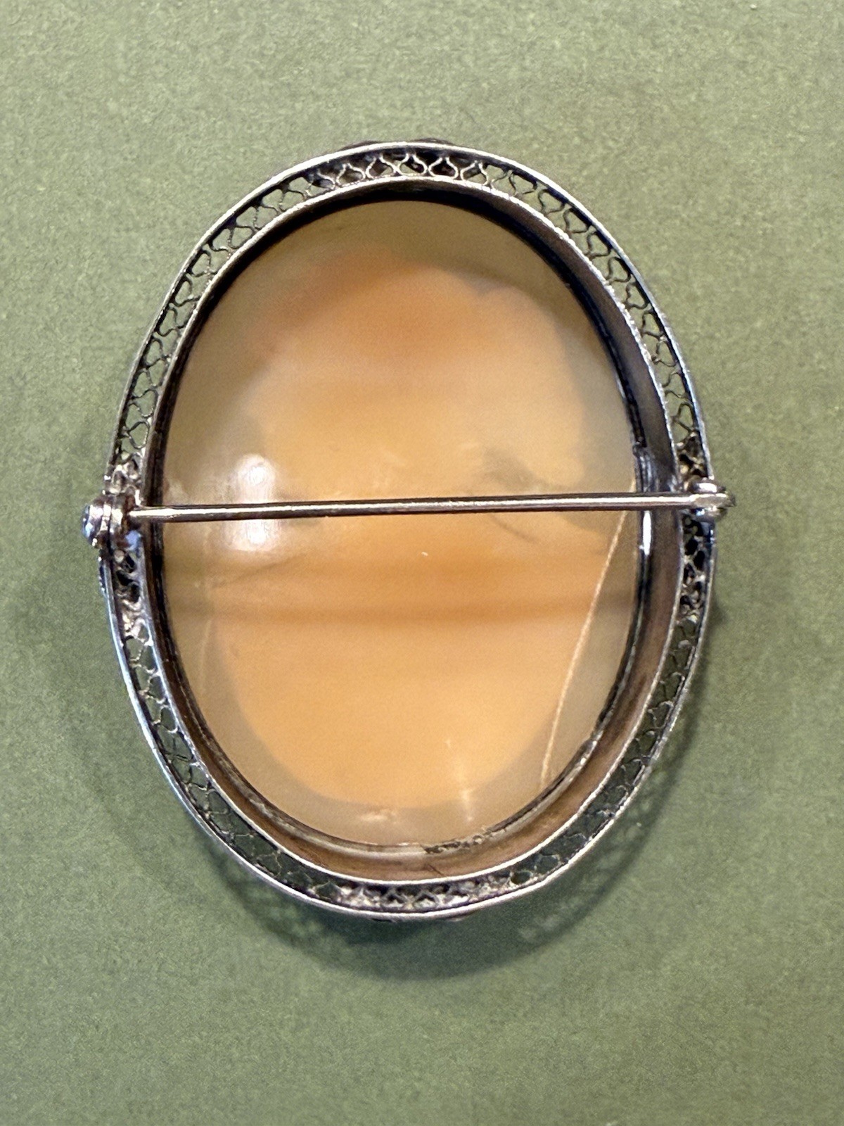 Vintage Ornate Sterling Silver Angel Skin Coral Cameo / 2″ x 1.5″ / BEAUTIFUL