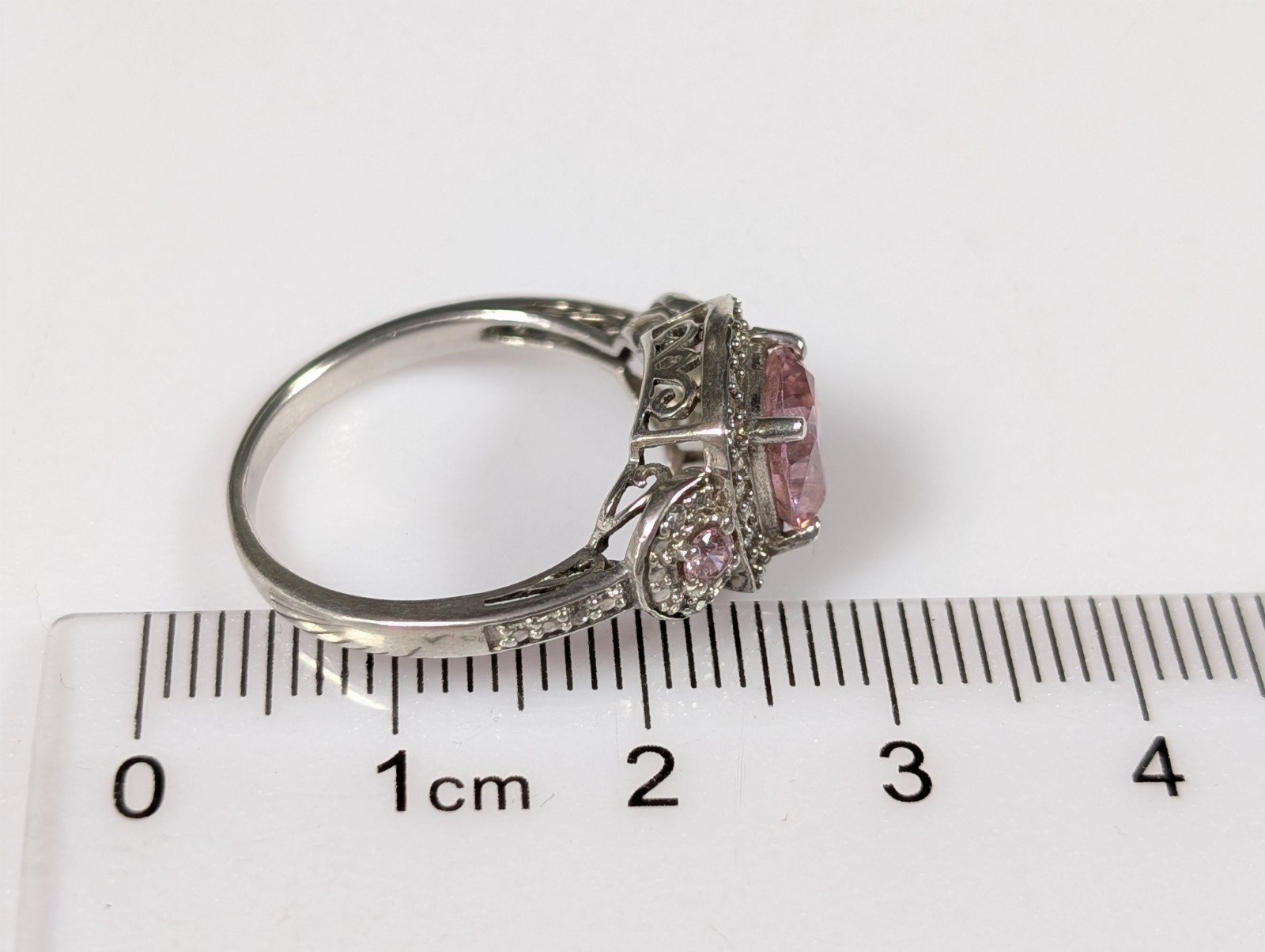 Vtg Sterling Silver 925 Pink CZ Cushion Cut Halo Ring w/ Side Stones H925 Size 7