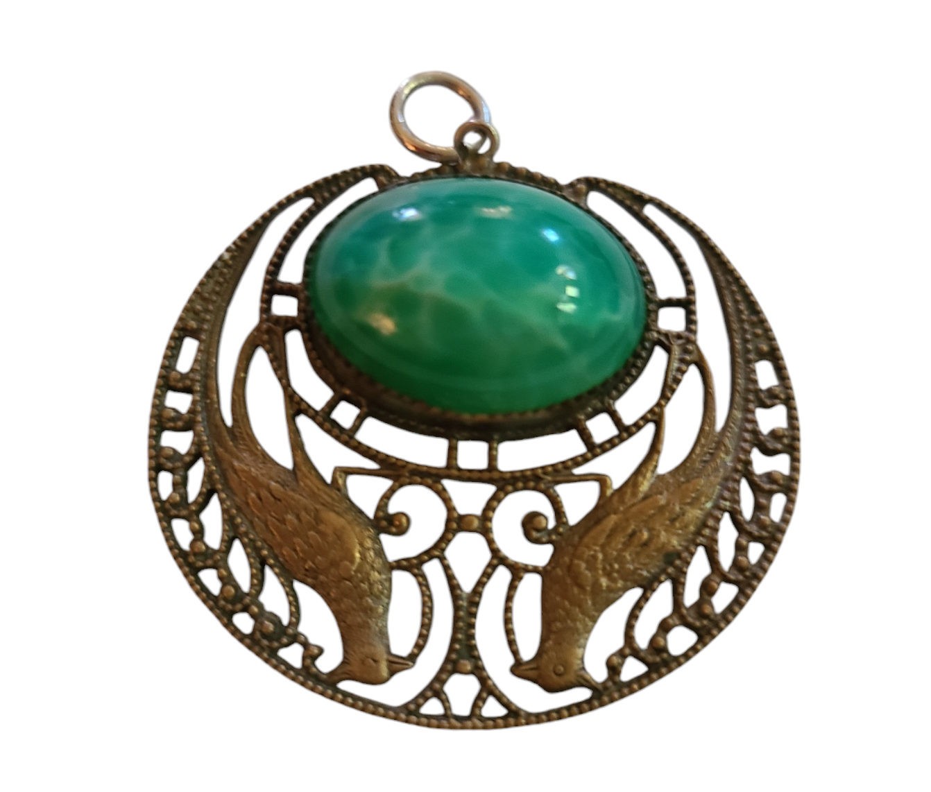 Vintage Art Deco Czech Peking Glass Green Stone Pendant Peacocks Brass Gold Wash