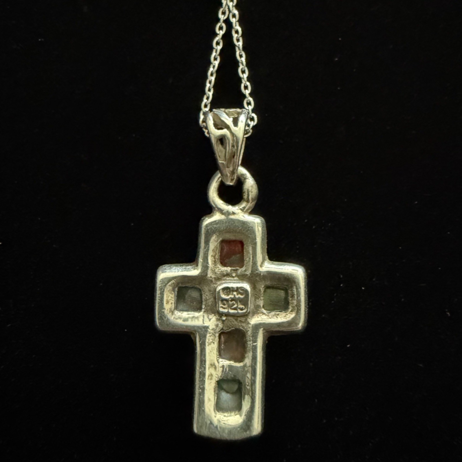 Vintage Cross Pendant Necklace Sterling Silver Turquoise Colorful Rainbow Stones
