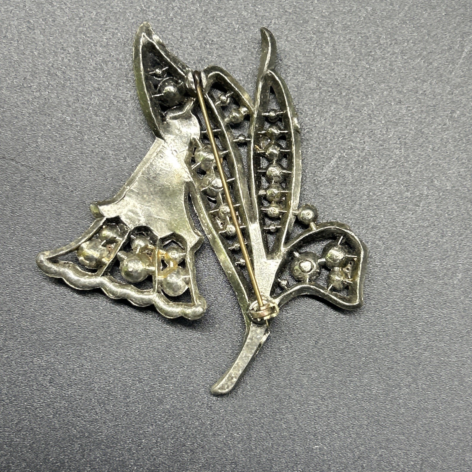 Vintage Pot Metal Brooch Large Floral Flower Pin Blue Rhinestones 3”