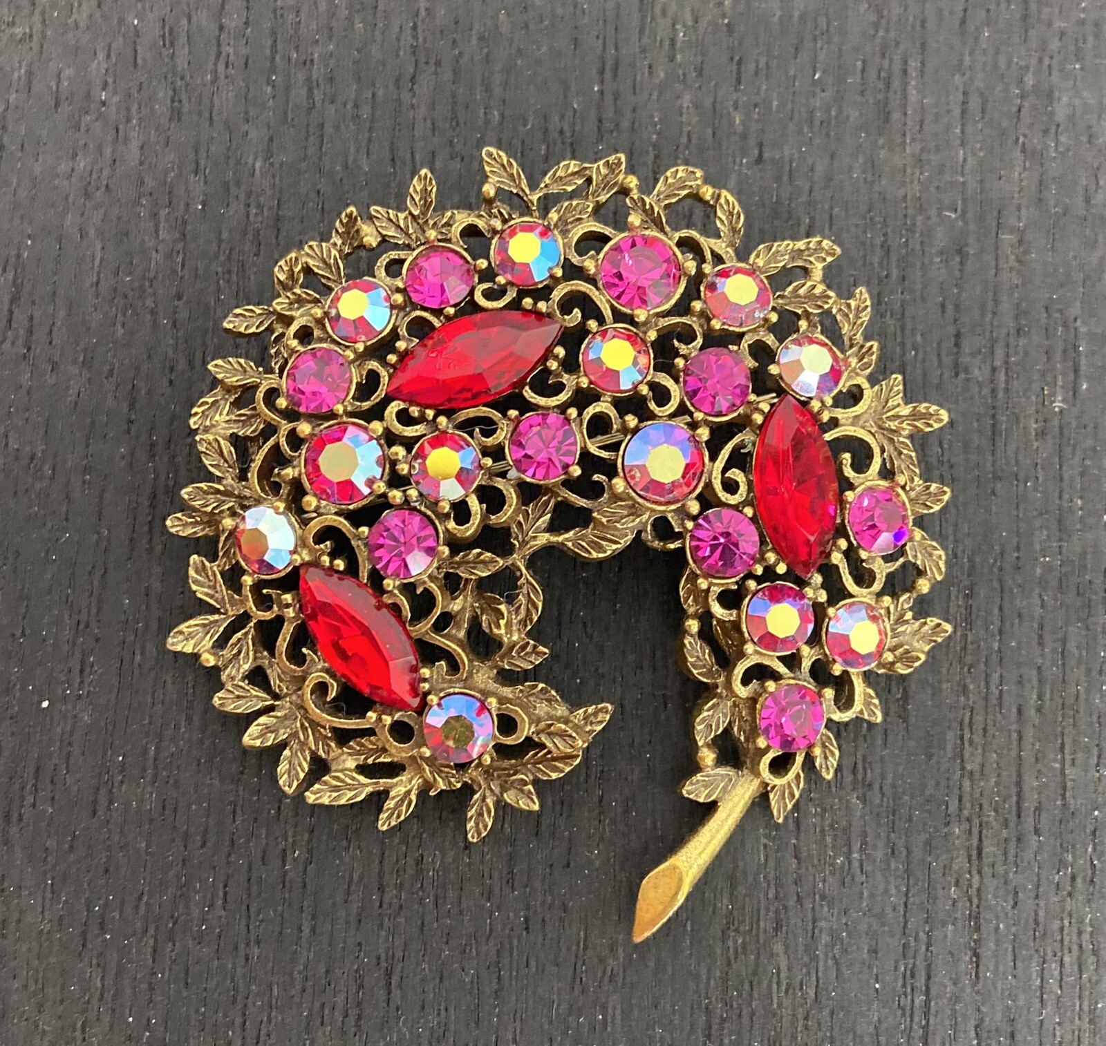 Vintage Emmons Brooch Fuchsia Aurora Red Rhinestones Pin