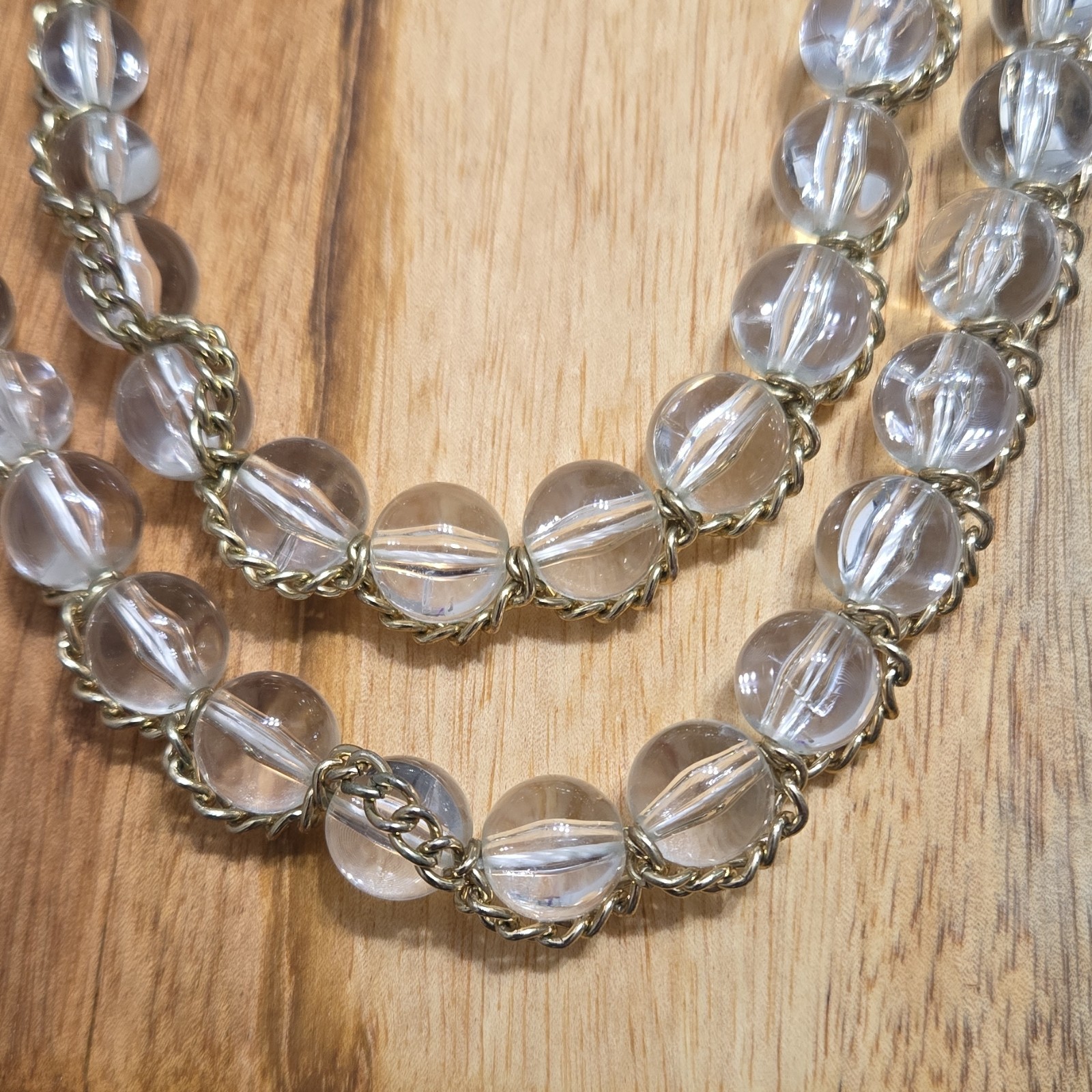 Vintage Layered Clear Glass Beaded Necklace with Hook Clasp and Metal Chain