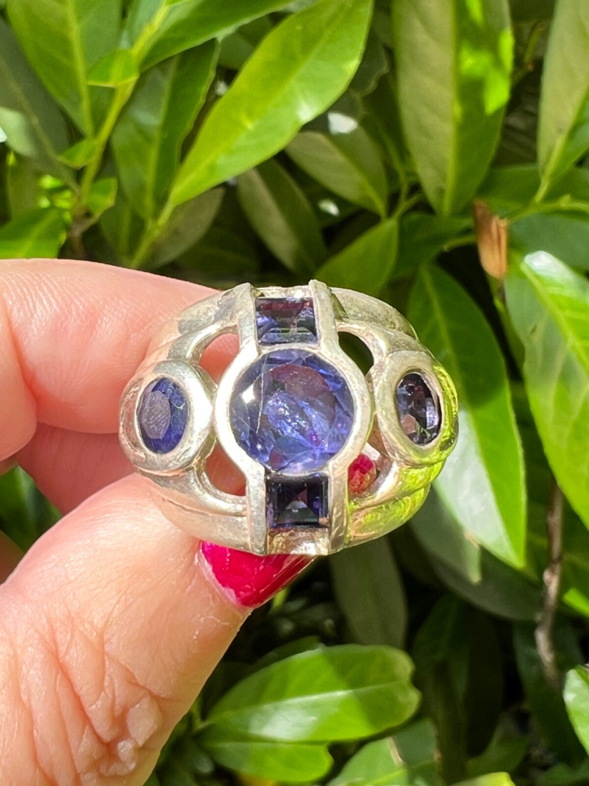 VINTAGE TANZANITE & IOLITE WIDE BAND RING 925 STERLING SLVER UNIQUE HEAVY CHUNKY