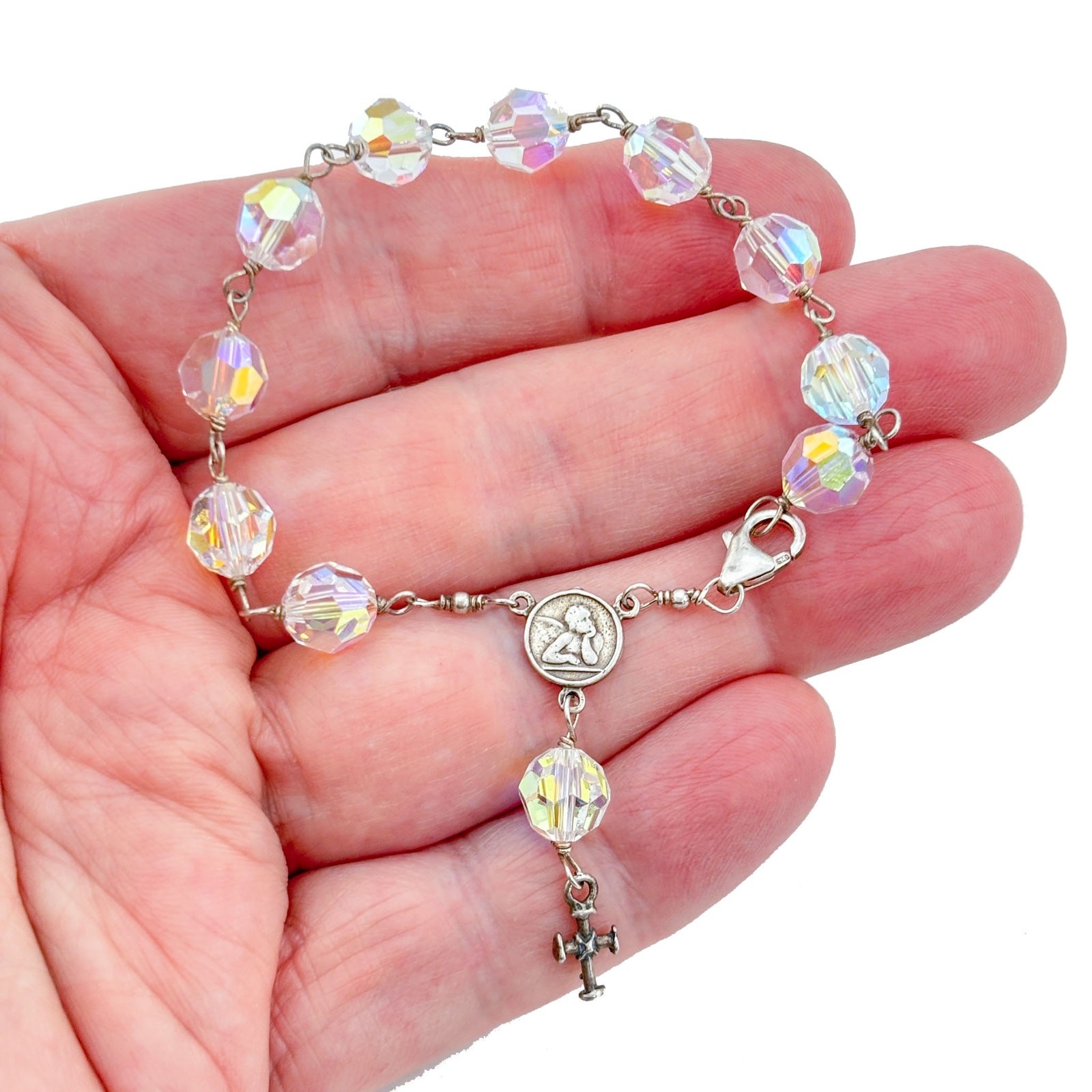 Vintage Sterling Silver 925 Aurora Borealis AB Rosary Bracelet 7.25″