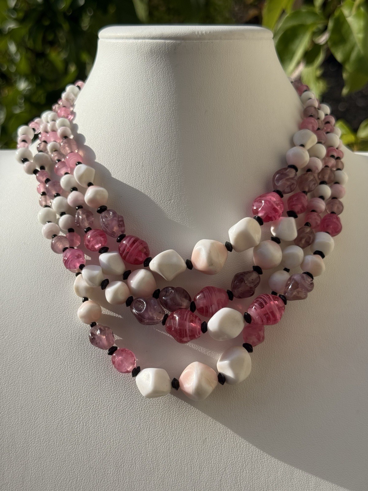 Vintage Japan Pink, Purple, White Glass Bead Necklace 4 Strand Layer Silver Tone