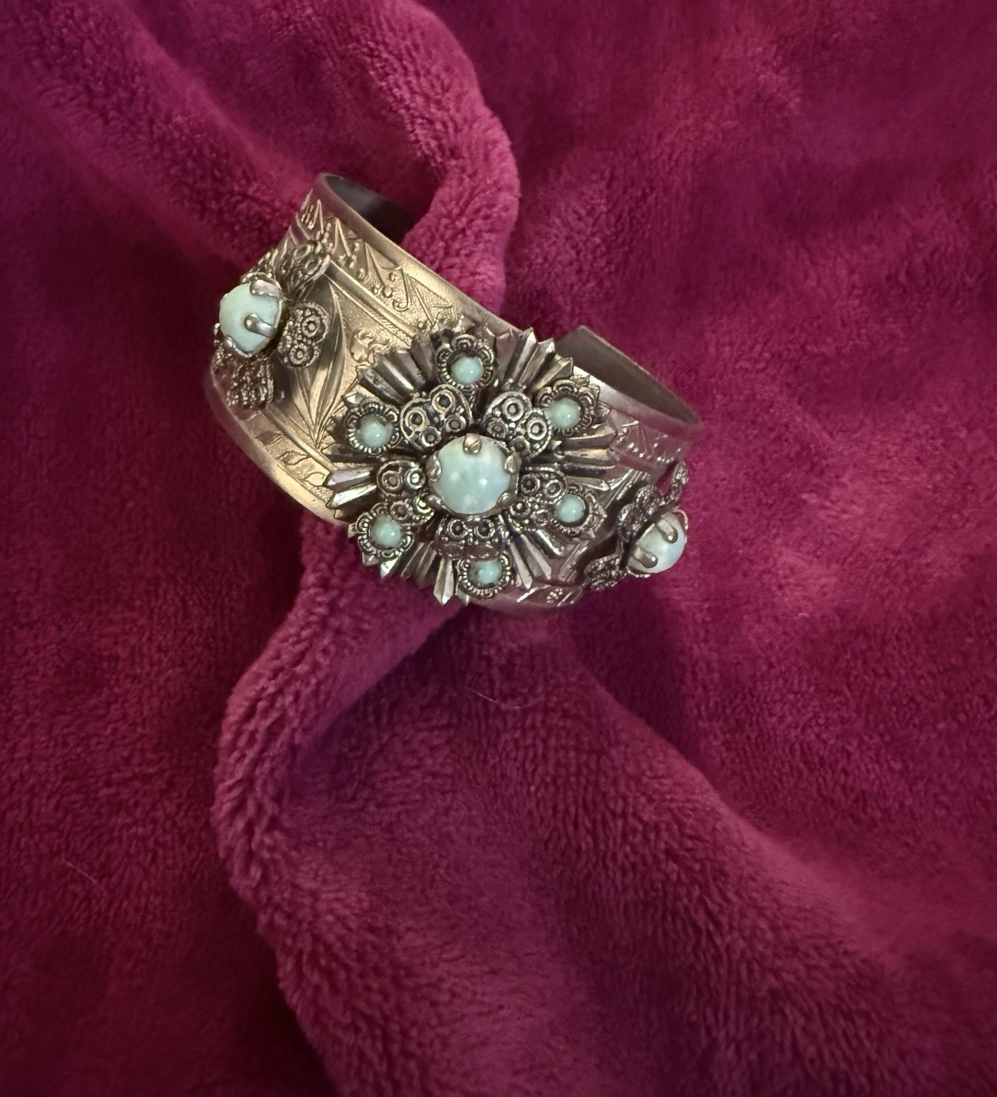 VTG Silver Tone Floral Cluster Turquoise Bracelet Southwestern ~ Beautiful