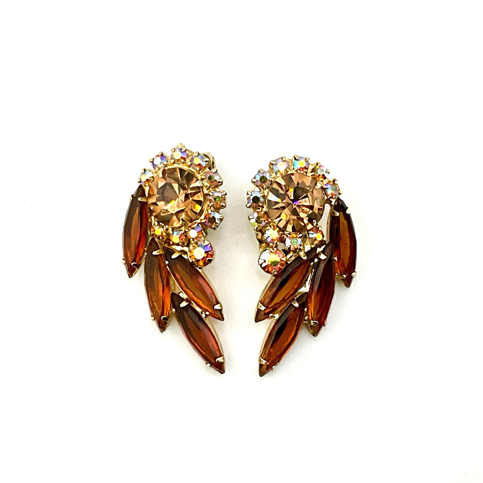 Vintage Mid Century Modern Crystal Clip Earrings Amber Navette Aurora Borealis