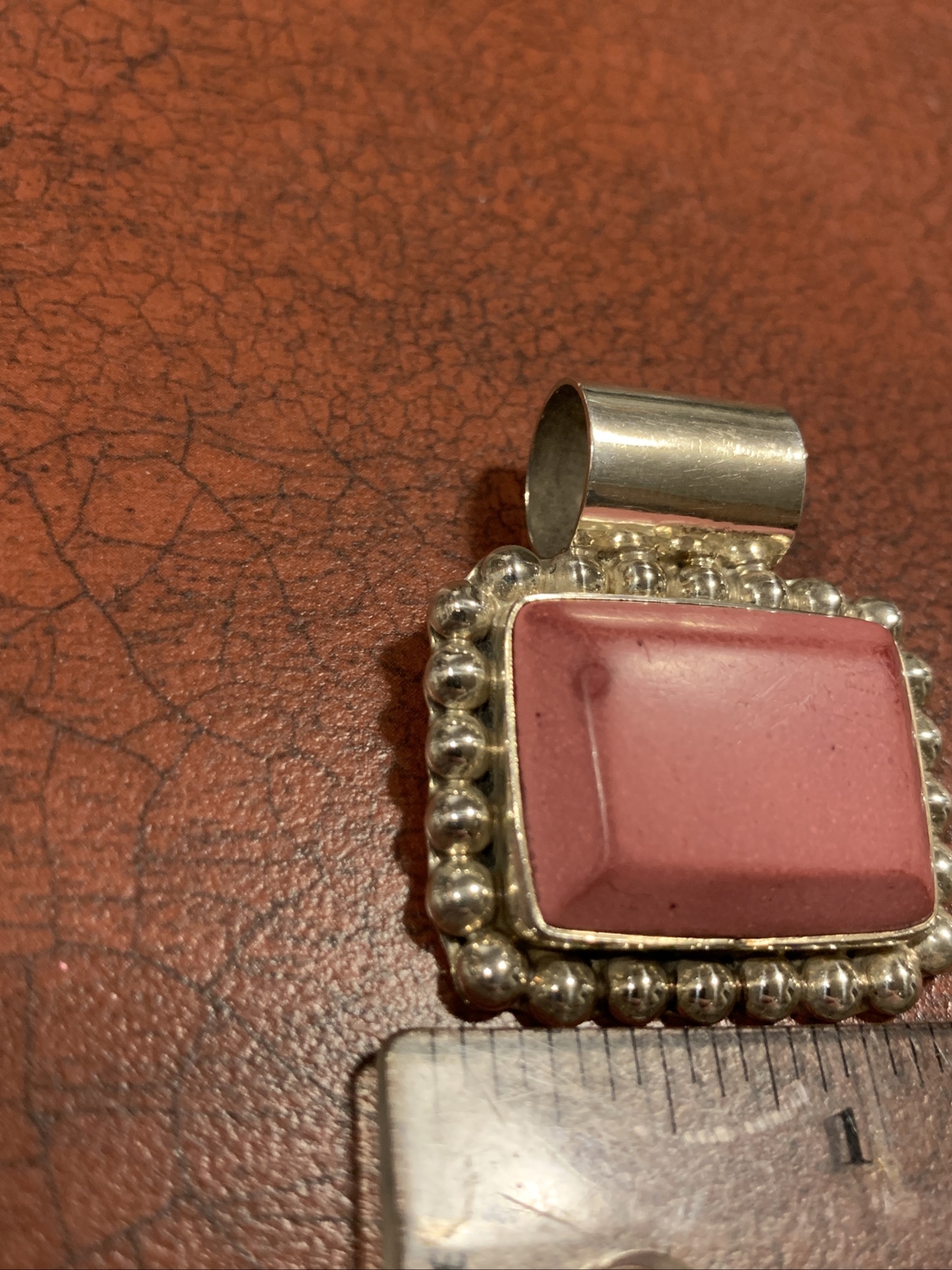Polished Pink Stone Sterling Silver Rectangular Statement Necklace Pendant