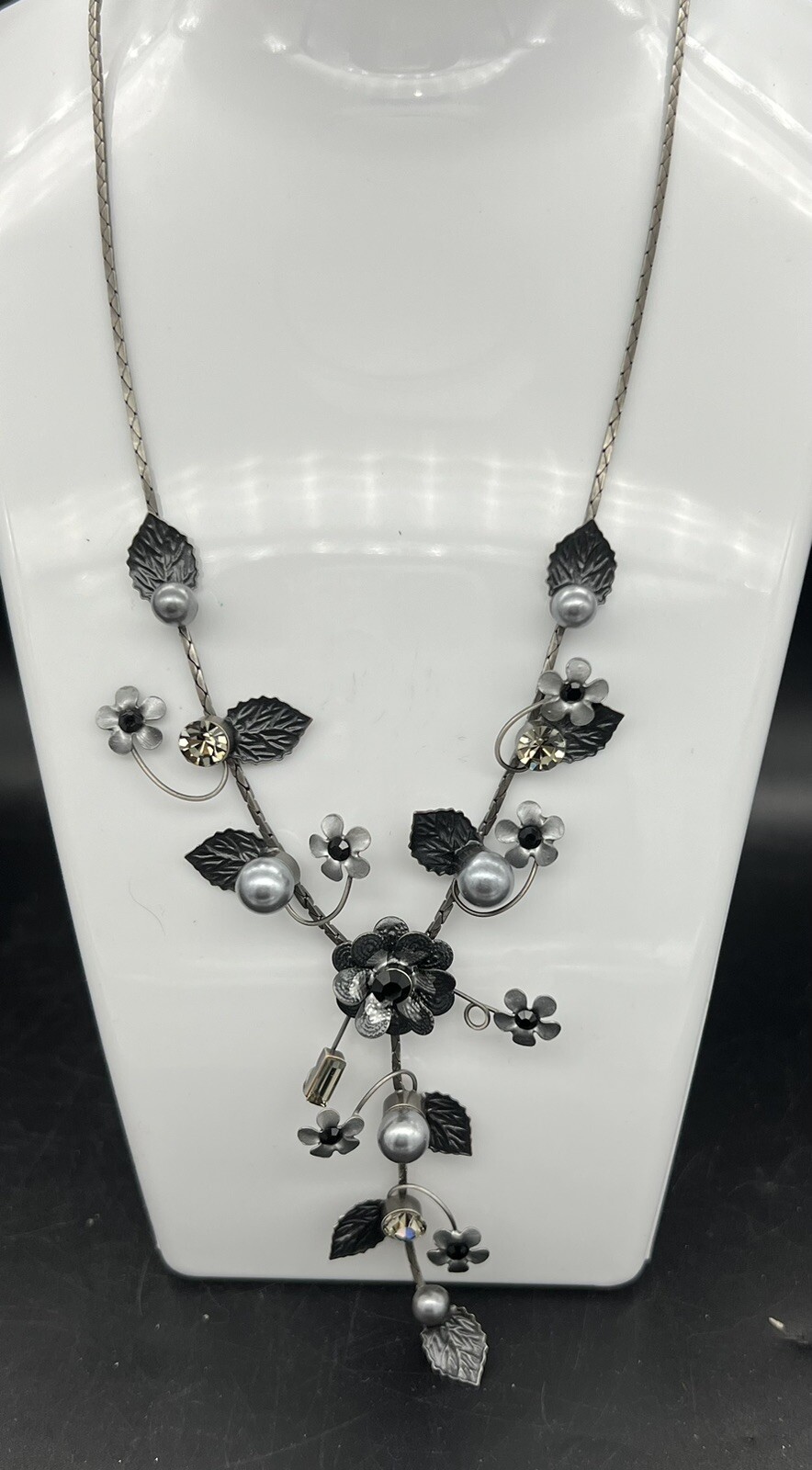 Vintage Sterling Silver, Faux Gray Pearl And Crystal Necklace, Black Flowers