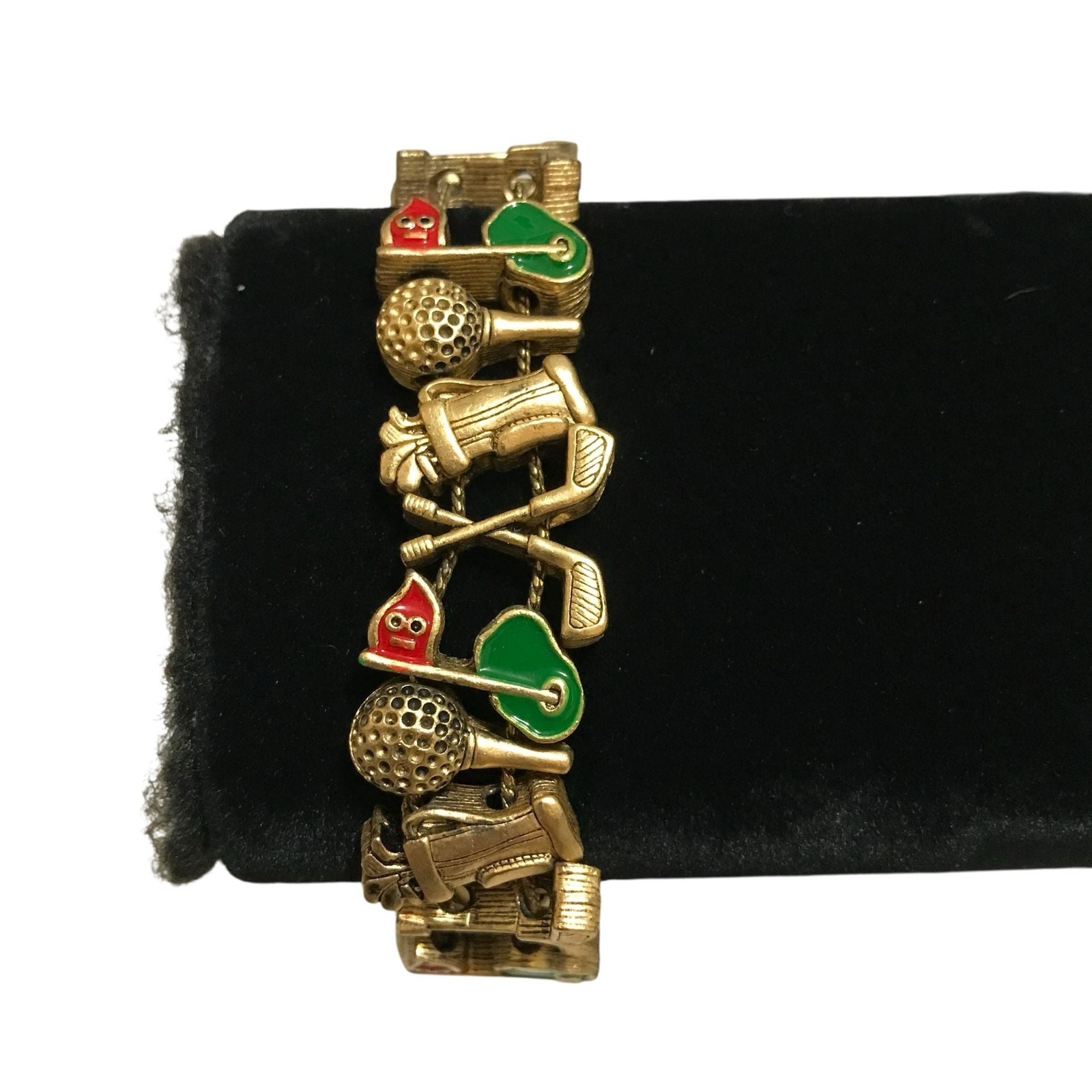 Goldette Vintage Golf Charm Slide Bracelet Gold Tone Enameled 7 Inches