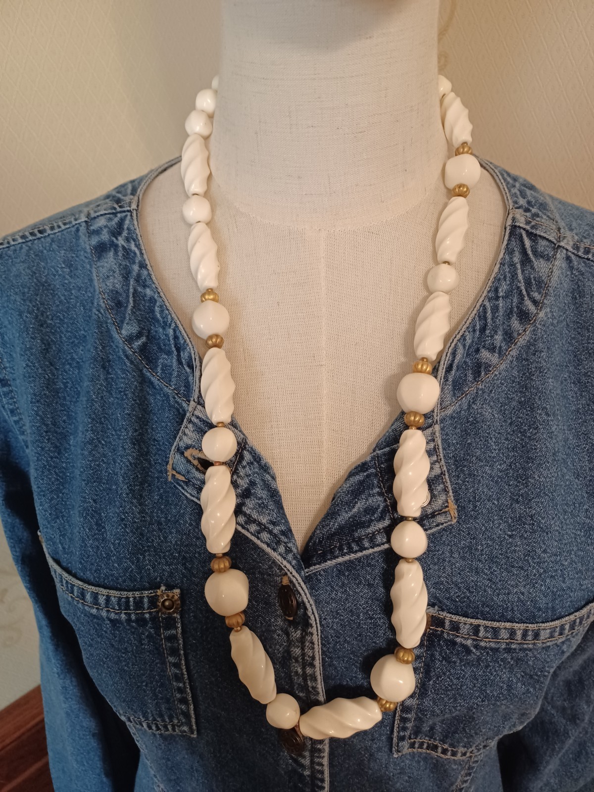 Stack of 3 Vintage 1960s White Brown Gold Bead Boho Hippie “Love Bead” Necklaces