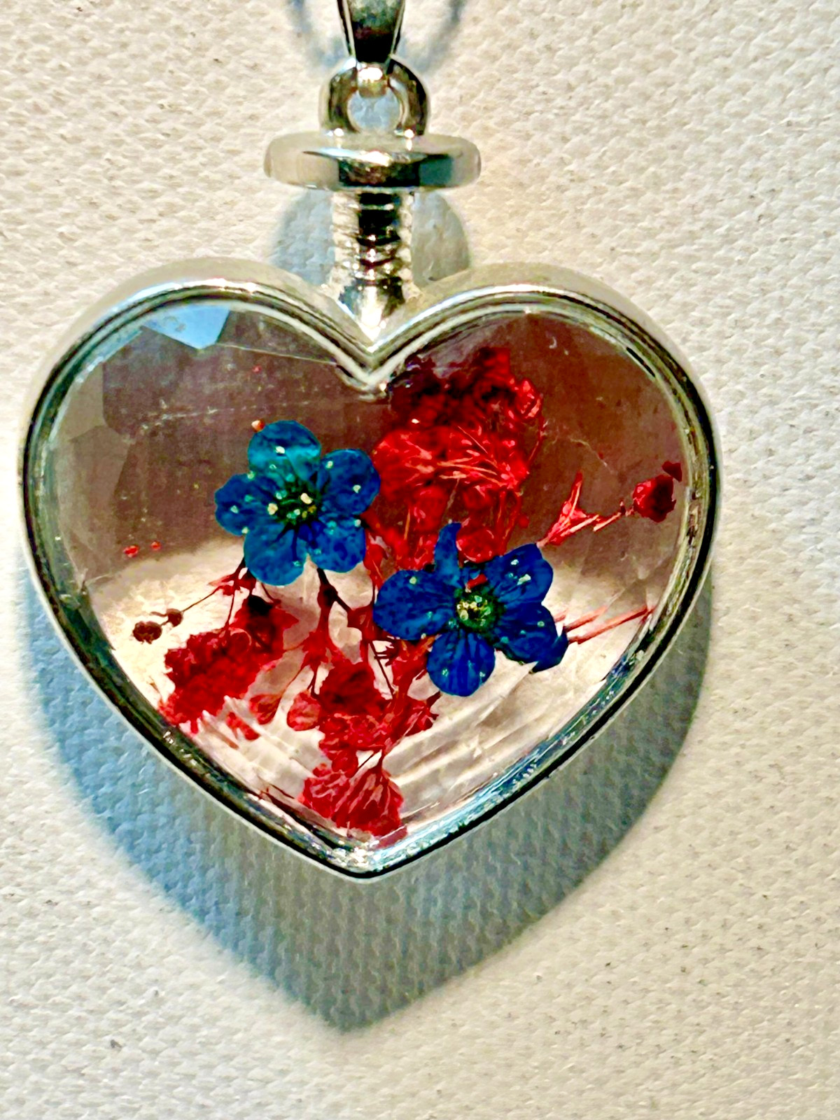 Vintage Heart Pendant Necklace Blue and Red Pressed Flowers