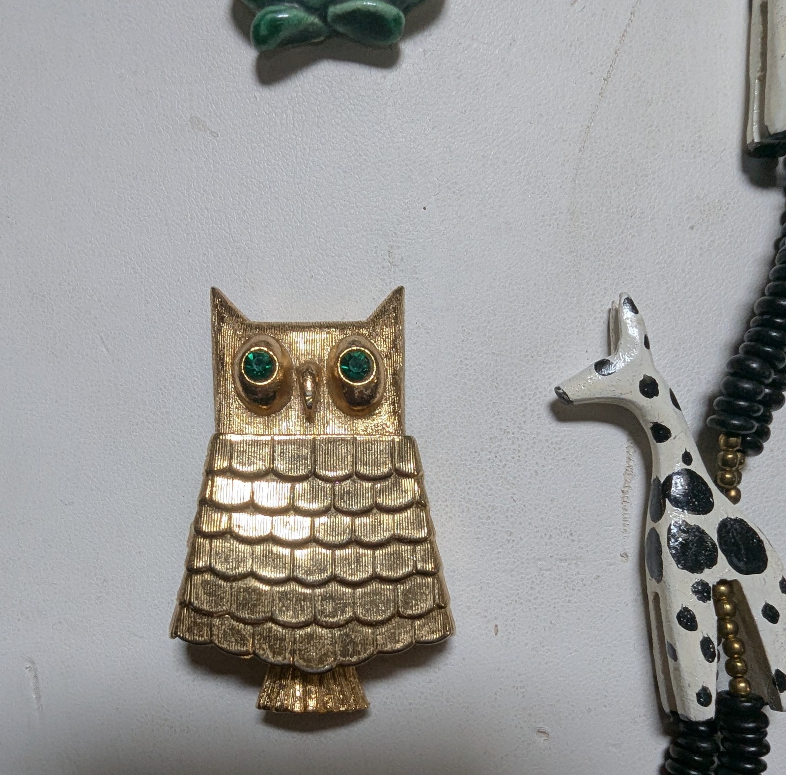 African Wood Giraffe And Bead Hand Made Ceramic Frog Necklaces. Avon Owl Brooch