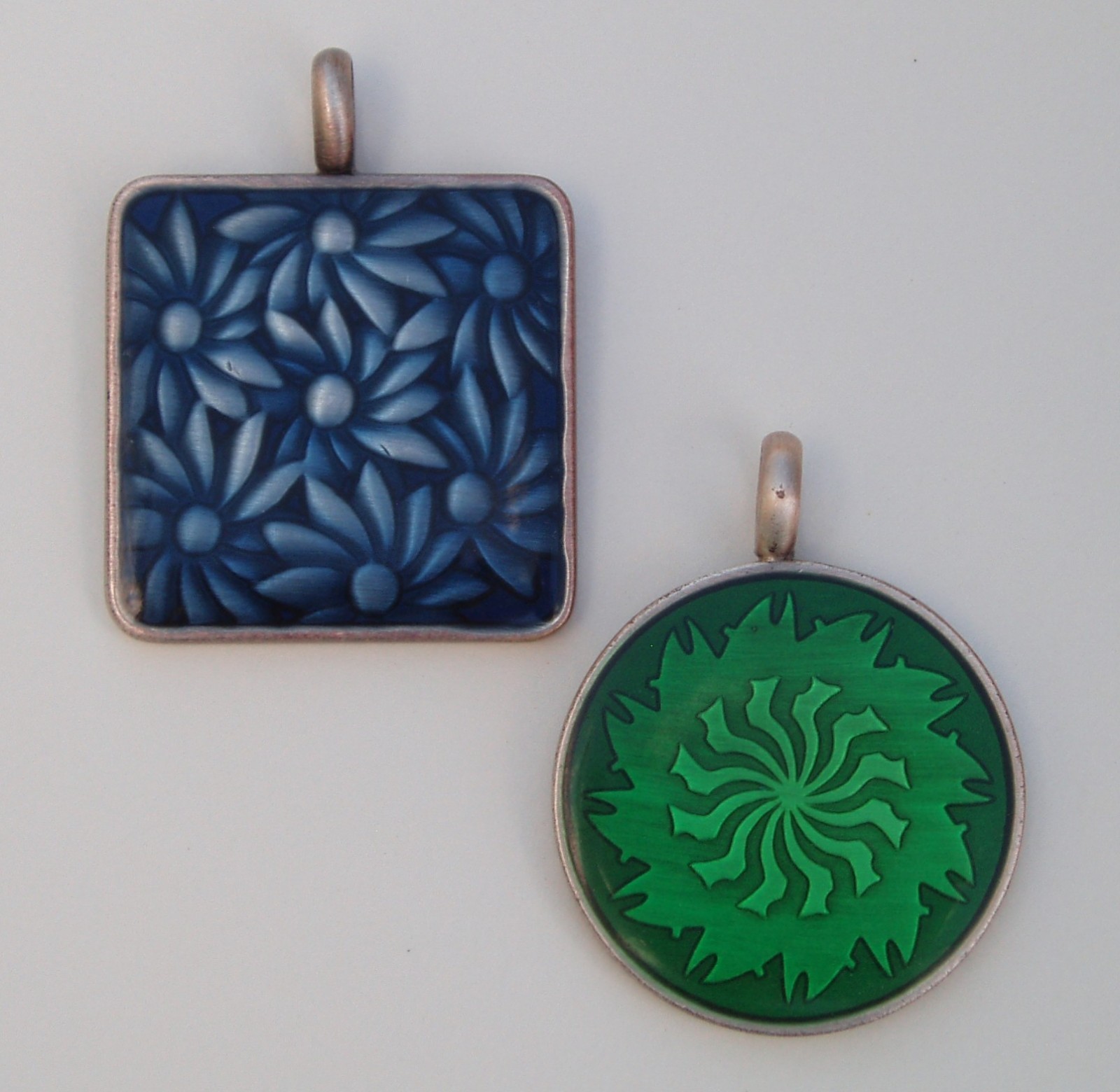 2 Vintage Pendants Epoxy Resin Pewter Metal Large Blue Floral & Green Sun Burst