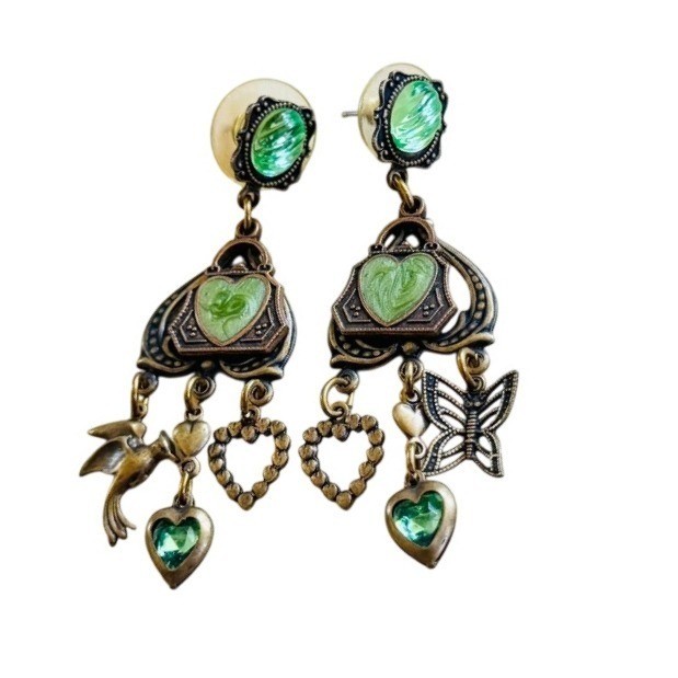 VTG Glass Works Studio Charm Earrings Crystal Enamel Heart Bird Victorian Style