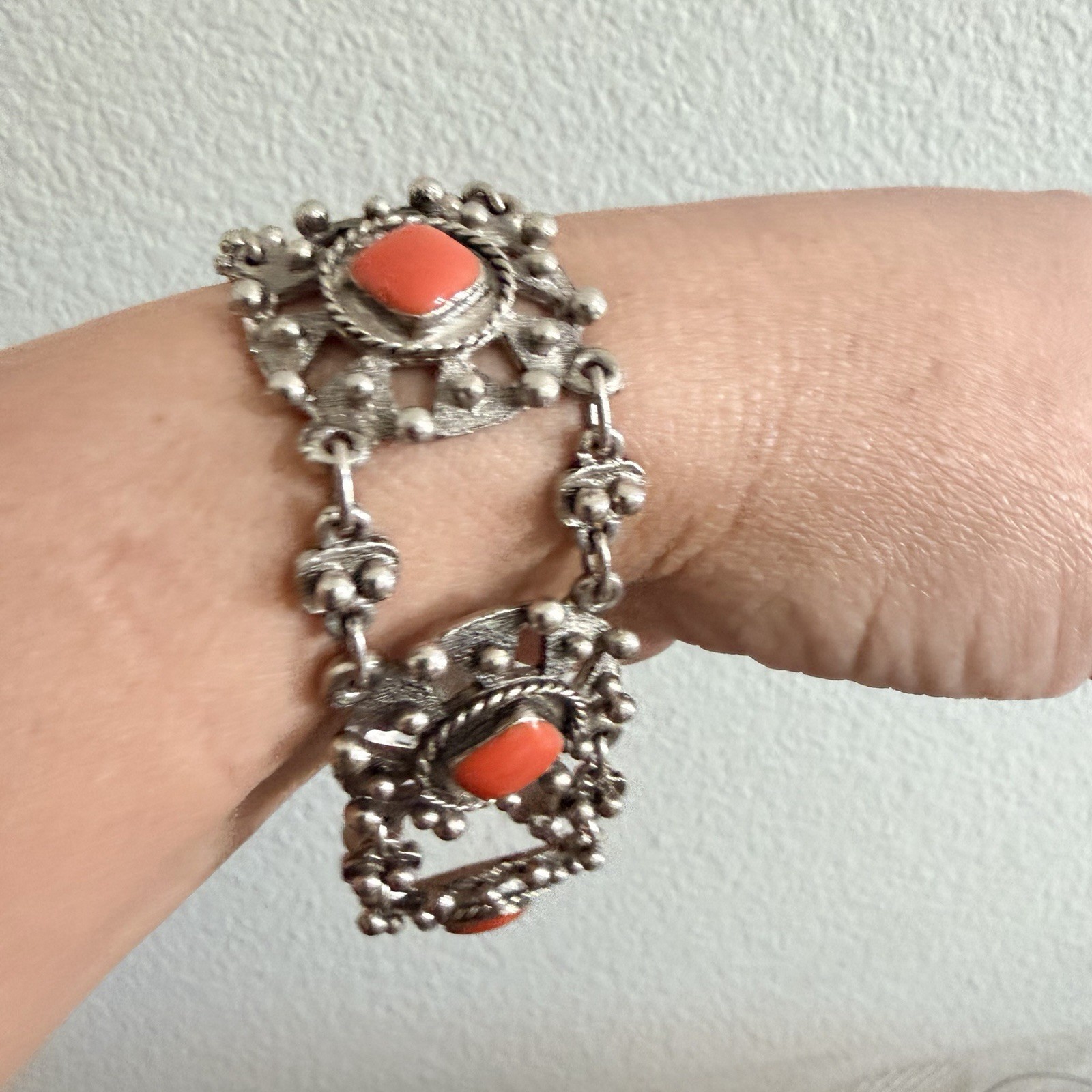 Vintage Souvenir Du Maroc Ornate Silver Bracelet w Square Beads