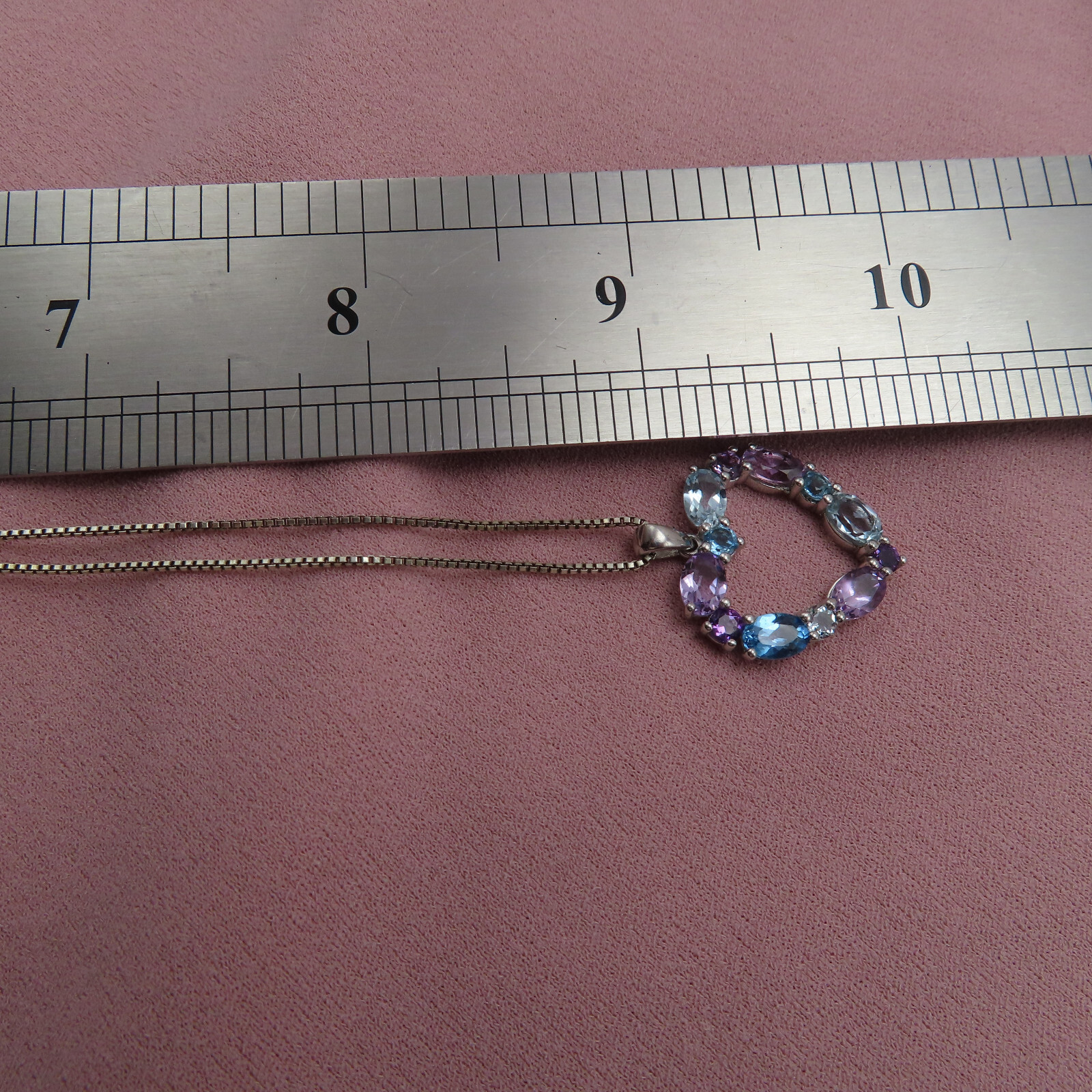 Vintage Sterling Silver Necklace Heart Pendant Purple Blue Topaz Gemstones 313c