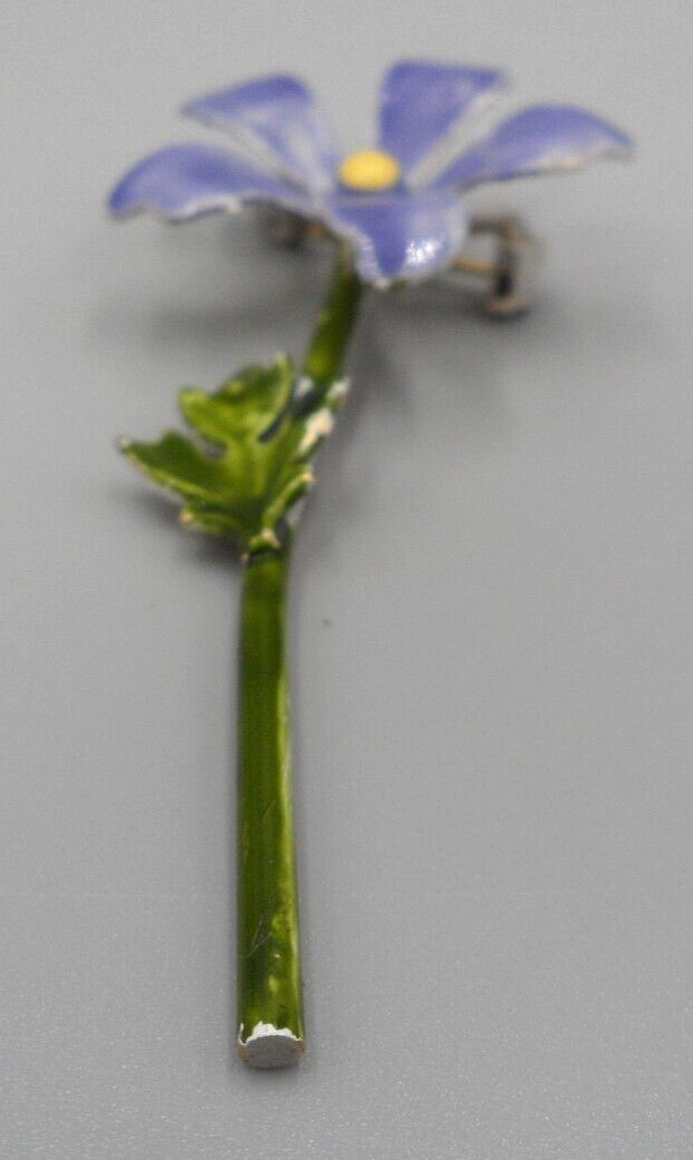 Vintage Flower Stem Brooch Periwinkle Vinca Blue Violet Purple Dimensional 3″